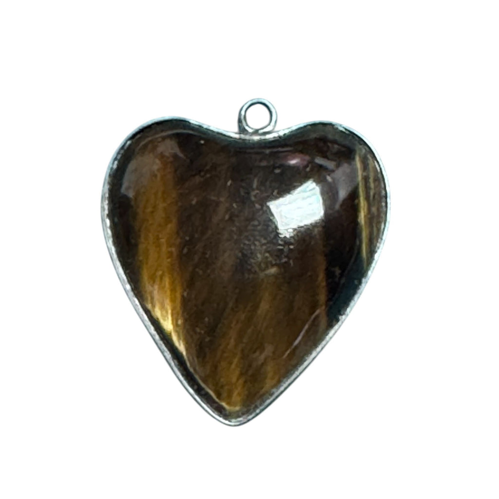 Sterling Silver 925 Heart Pendant Tiger’s Eye Gemstone Polished Brown Gold Stone