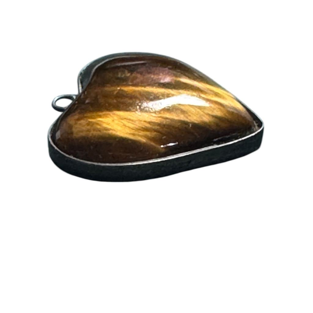 Sterling Silver 925 Heart Pendant Tiger’s Eye Gemstone Polished Brown Gold Stone