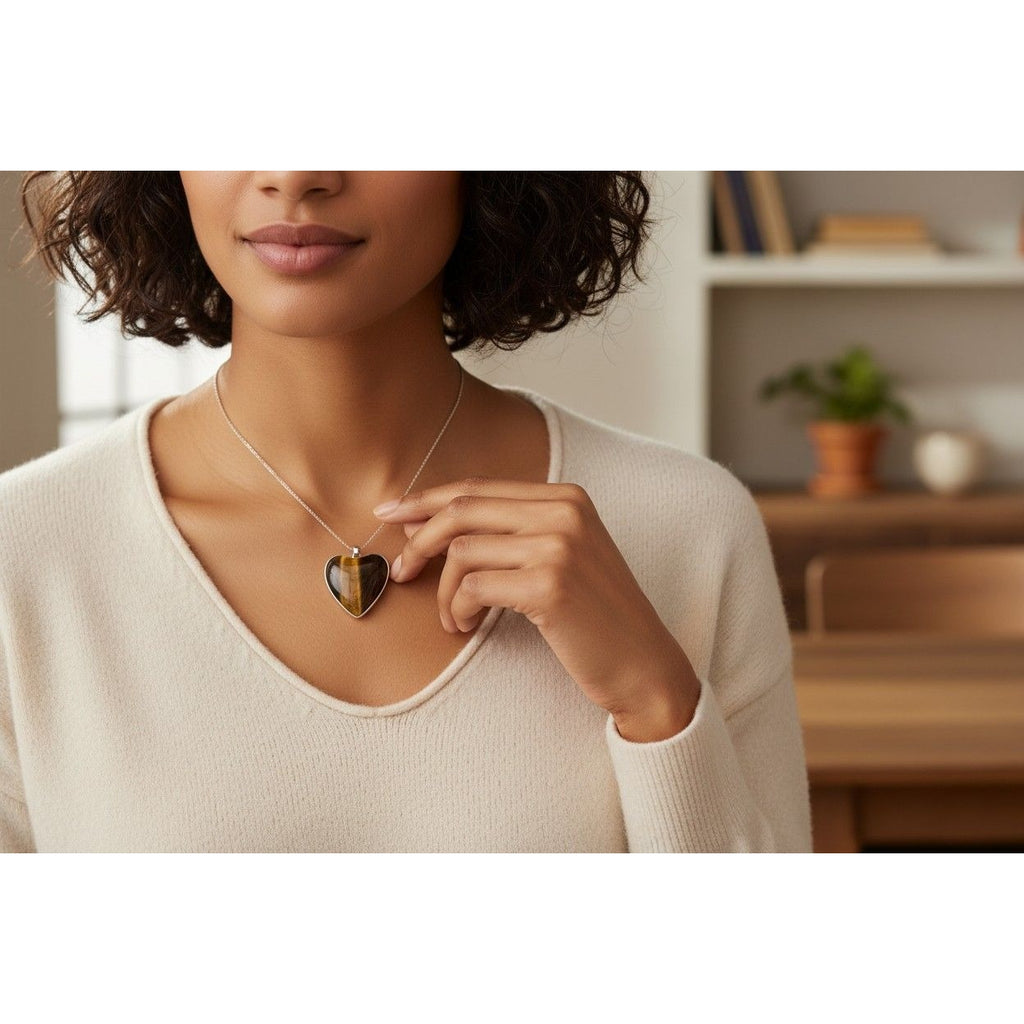 Sterling Silver 925 Heart Pendant Tiger’s Eye Gemstone Polished Brown Gold Stone
