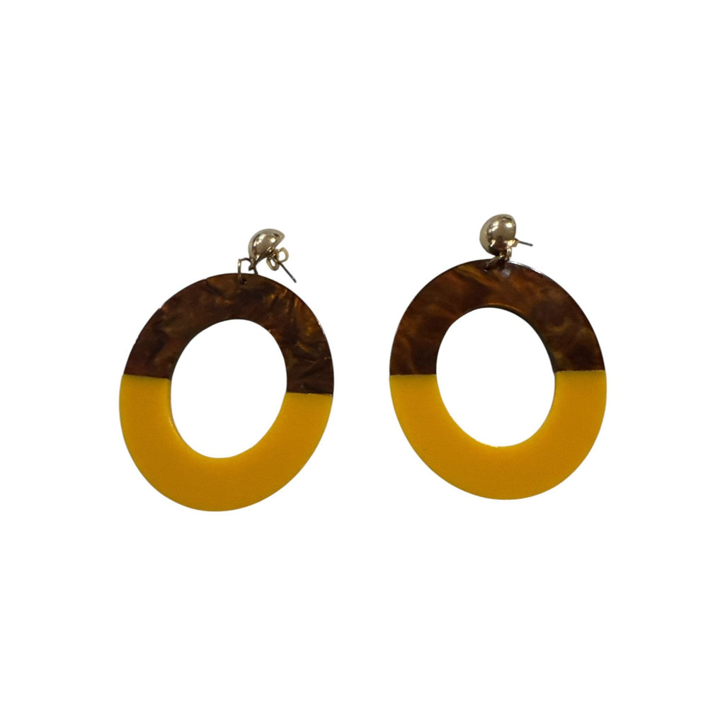 Yellow & Brown Two-Tone Resin Hoop Earrings With Gold Stud Backing 2-Inch Diameter