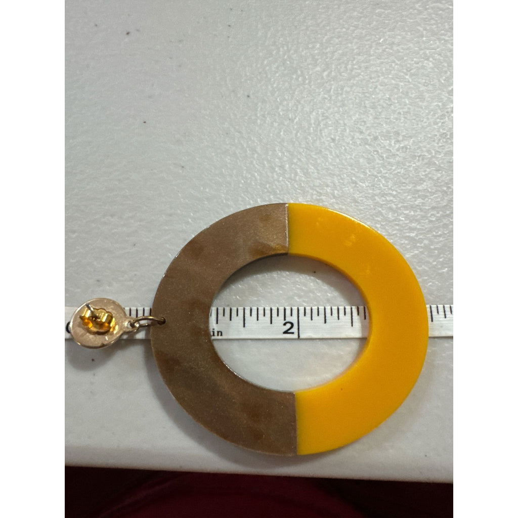 Yellow & Brown Two-Tone Resin Hoop Earrings With Gold Stud Backing 2-Inch Diameter