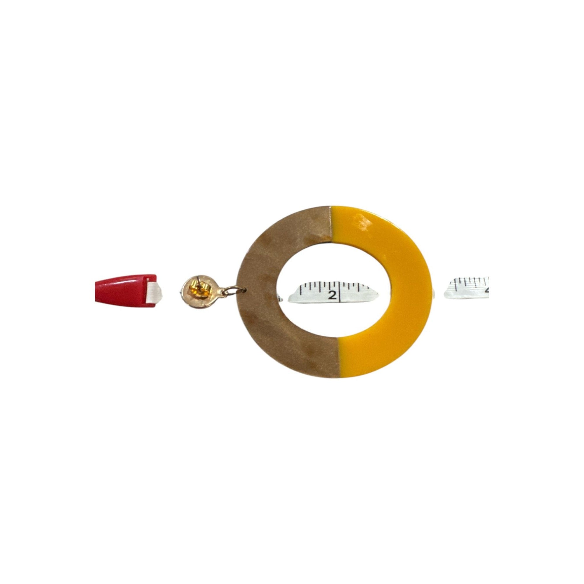 Yellow & Brown Two-Tone Resin Hoop Earrings With Gold Stud Backing 2-Inch Diameter