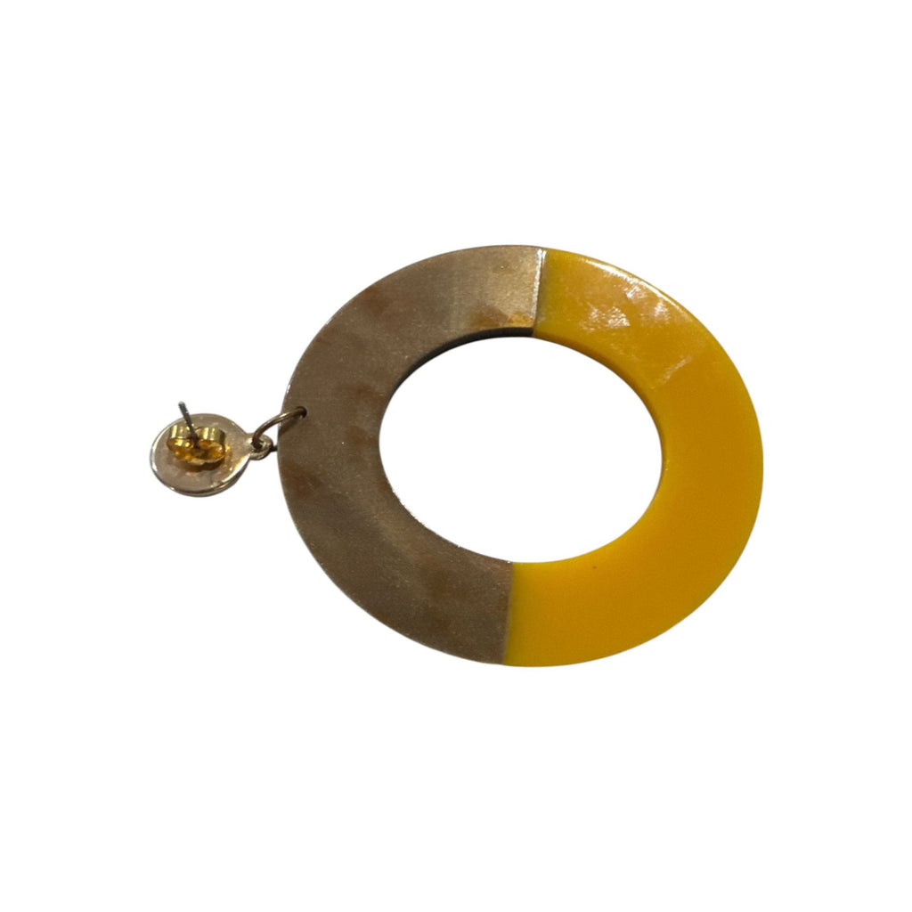 Yellow & Brown Two-Tone Resin Hoop Earrings With Gold Stud Backing 2-Inch Diameter