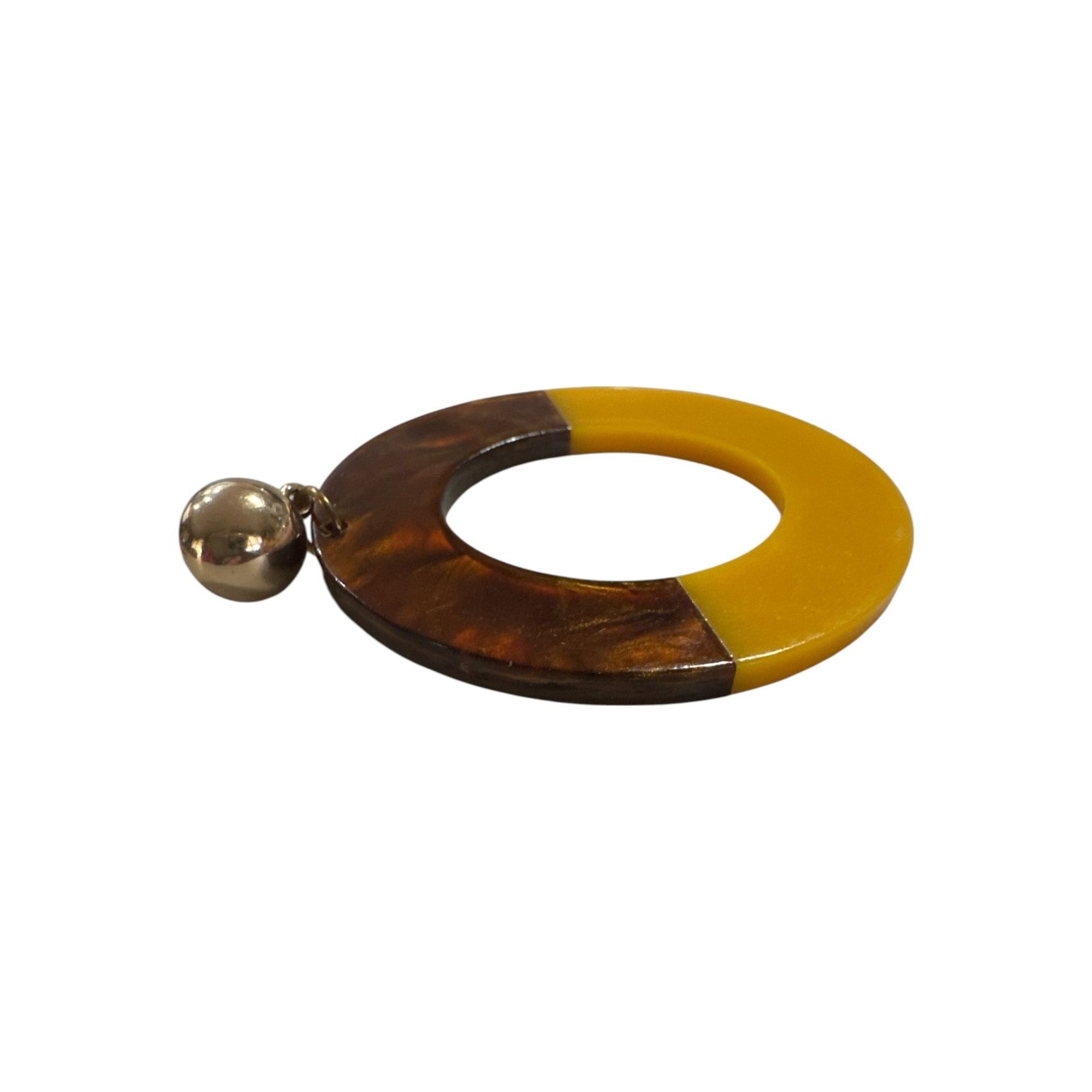 Yellow & Brown Two-Tone Resin Hoop Earrings With Gold Stud Backing 2-Inch Diameter