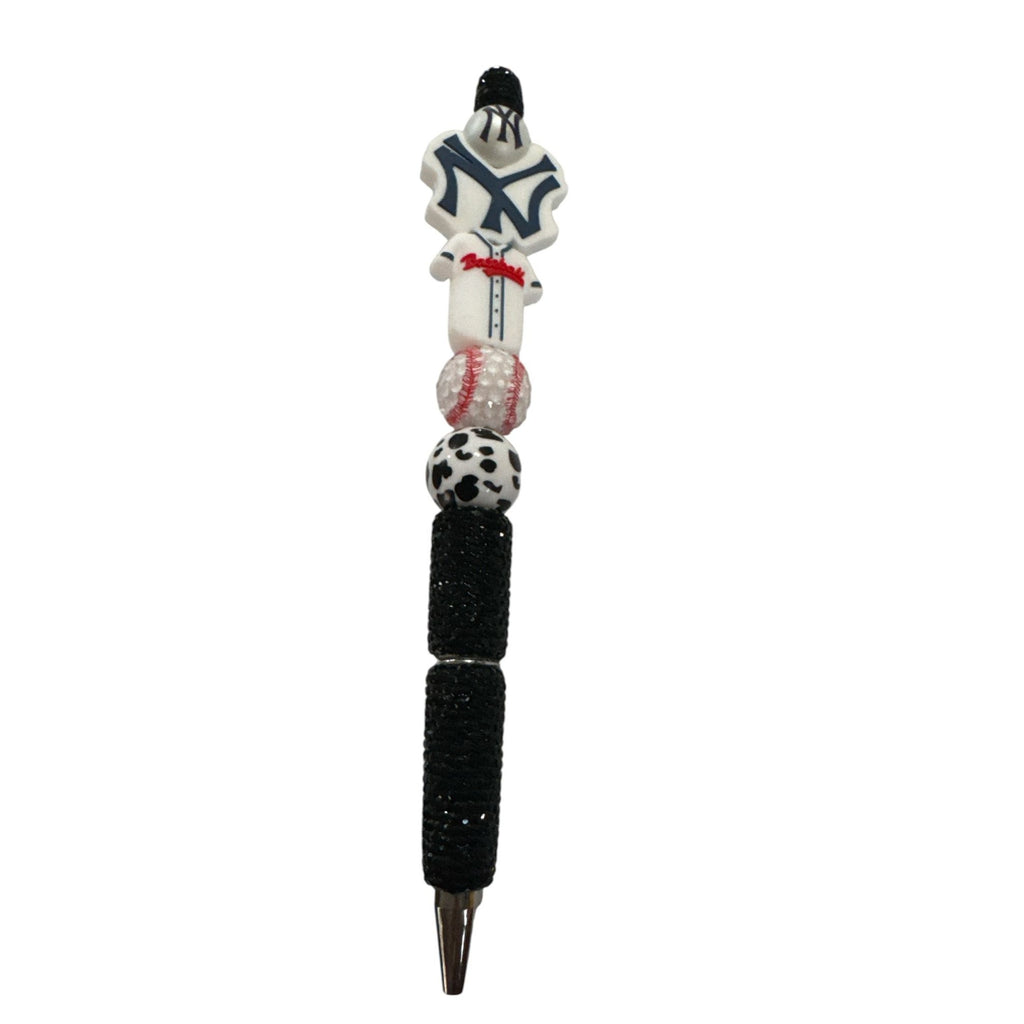 New York Yankees Themed Beaded Baseball Pen With Black Glitter Grip