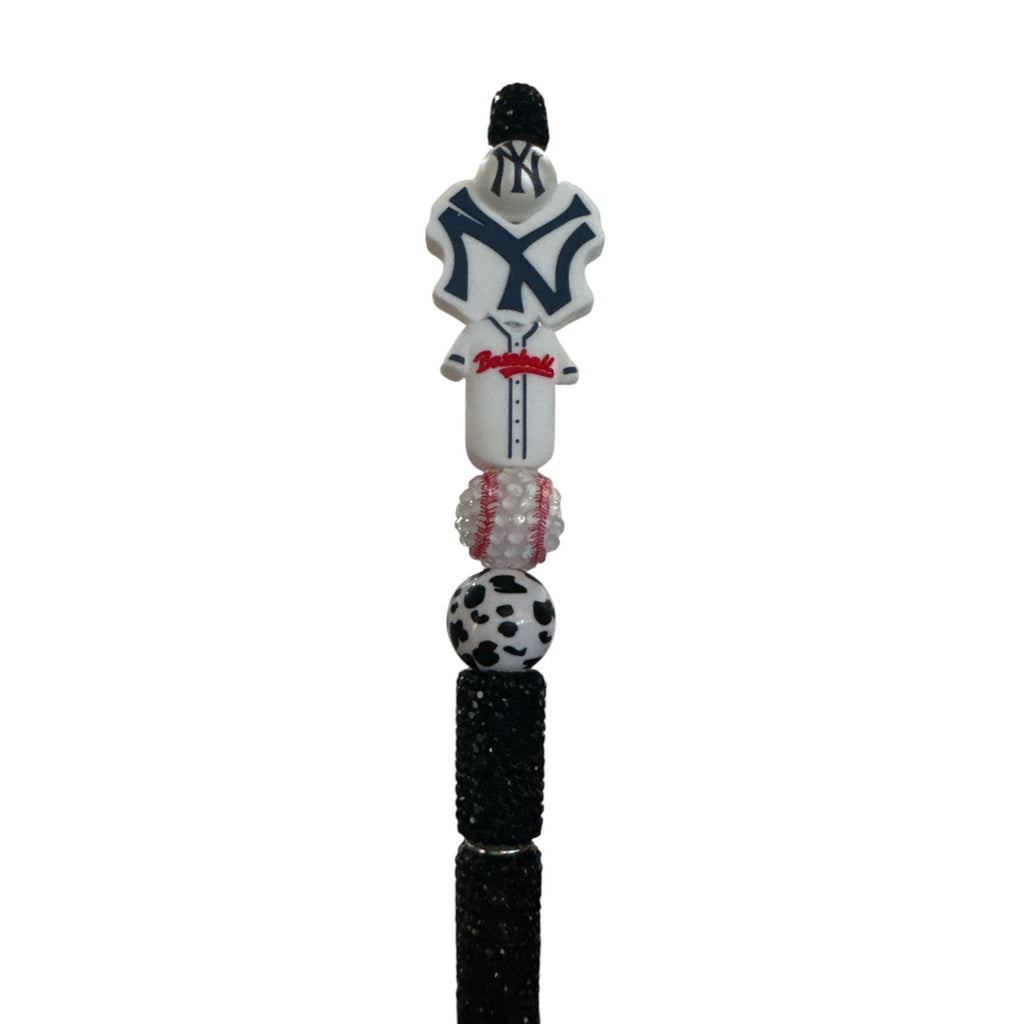 New York Yankees Themed Beaded Baseball Pen With Black Glitter Grip