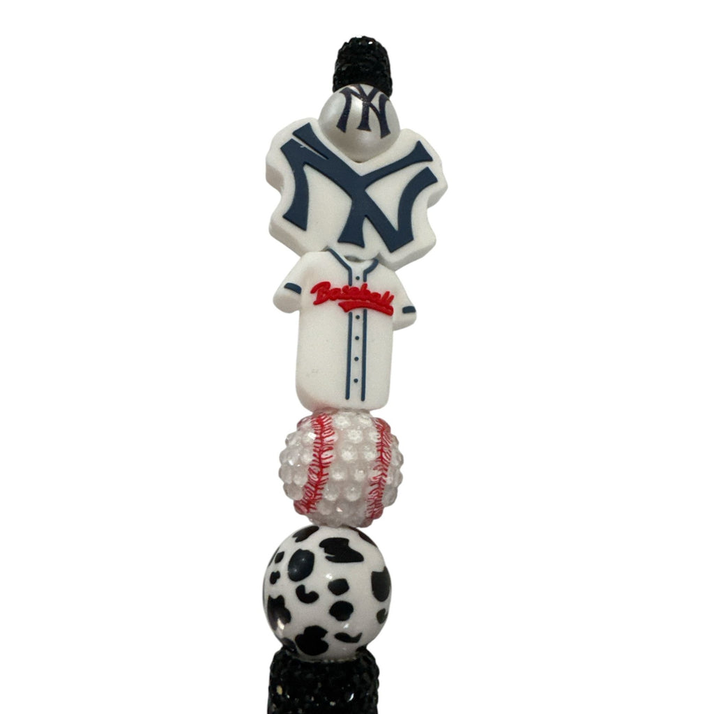 New York Yankees Themed Beaded Baseball Pen With Black Glitter Grip