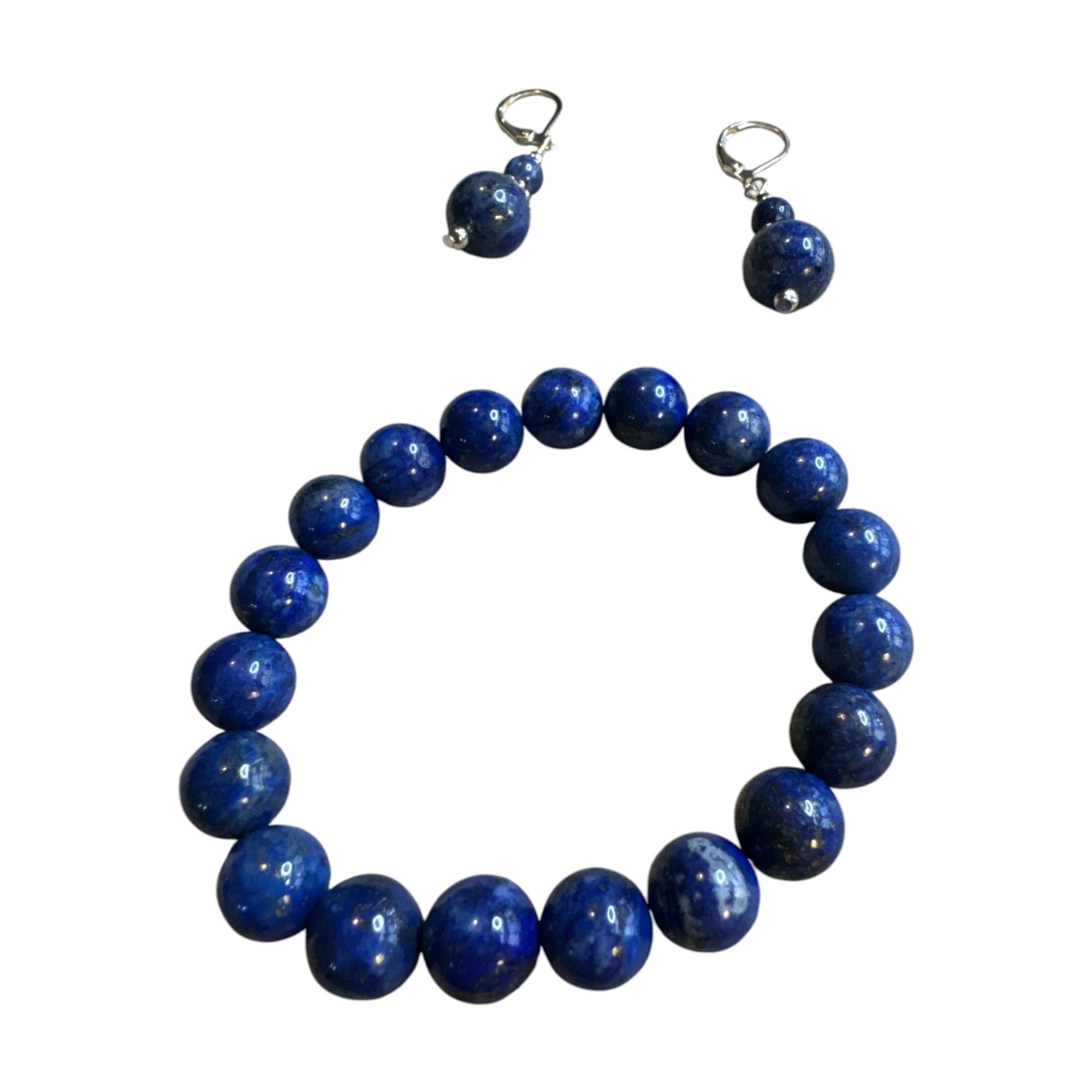 Blue Gemstone Beaded Bracelet & Earrings Set Lapis Style Silver Tone Handmade Look for Women