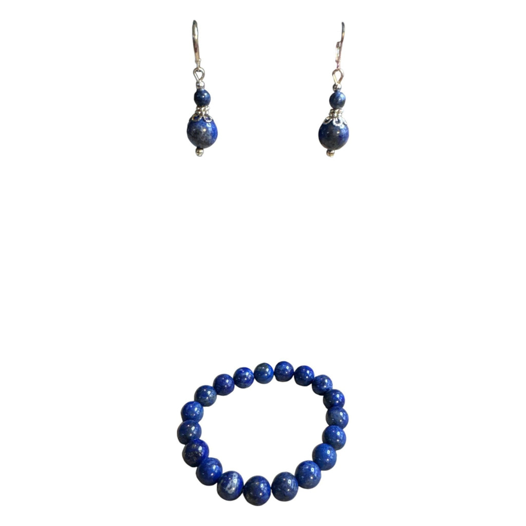 Blue Gemstone Beaded Bracelet & Earrings Set Lapis Style Silver Tone Handmade Look for Women