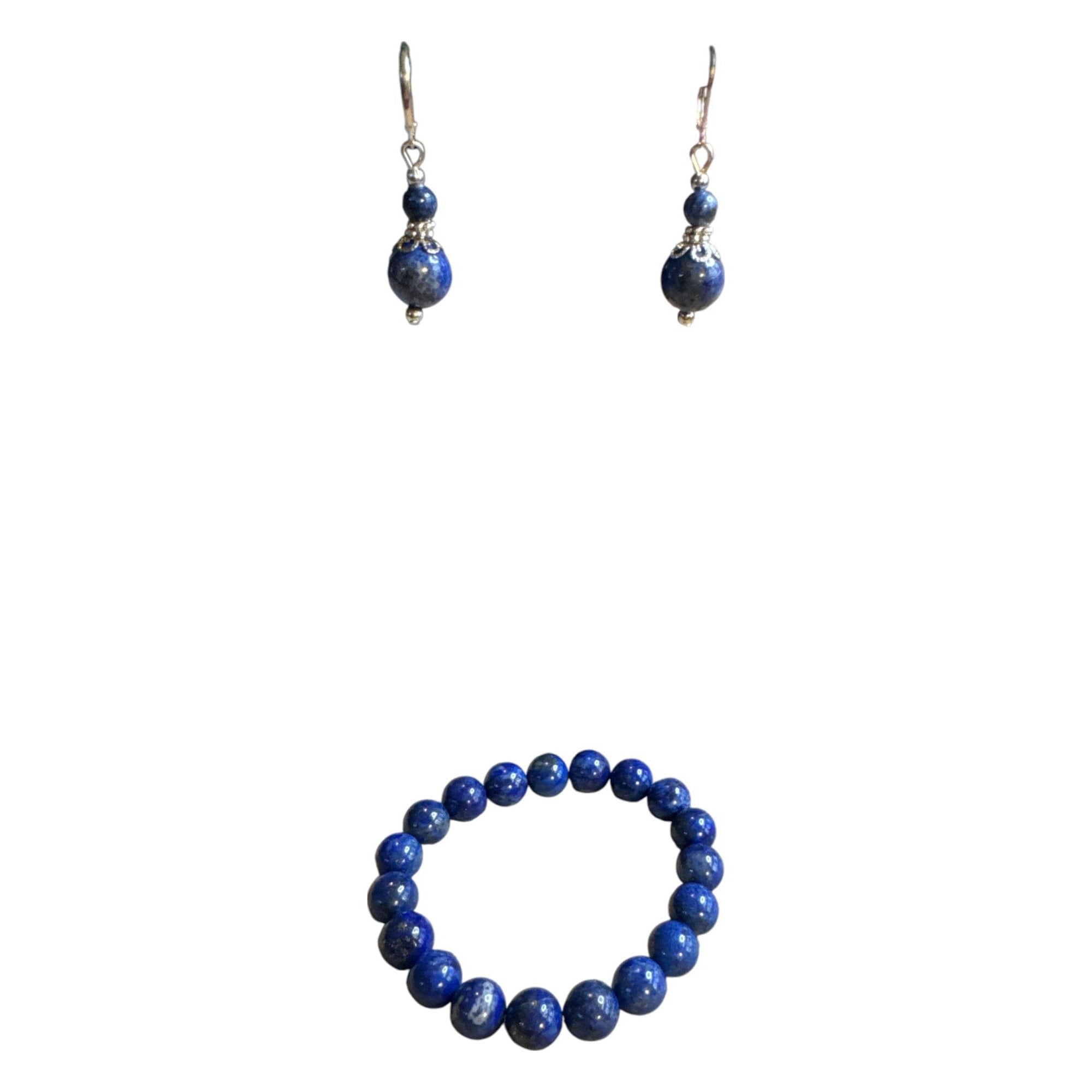 Blue Gemstone Beaded Bracelet & Earrings Set Lapis Style Silver Tone Handmade Look for Women
