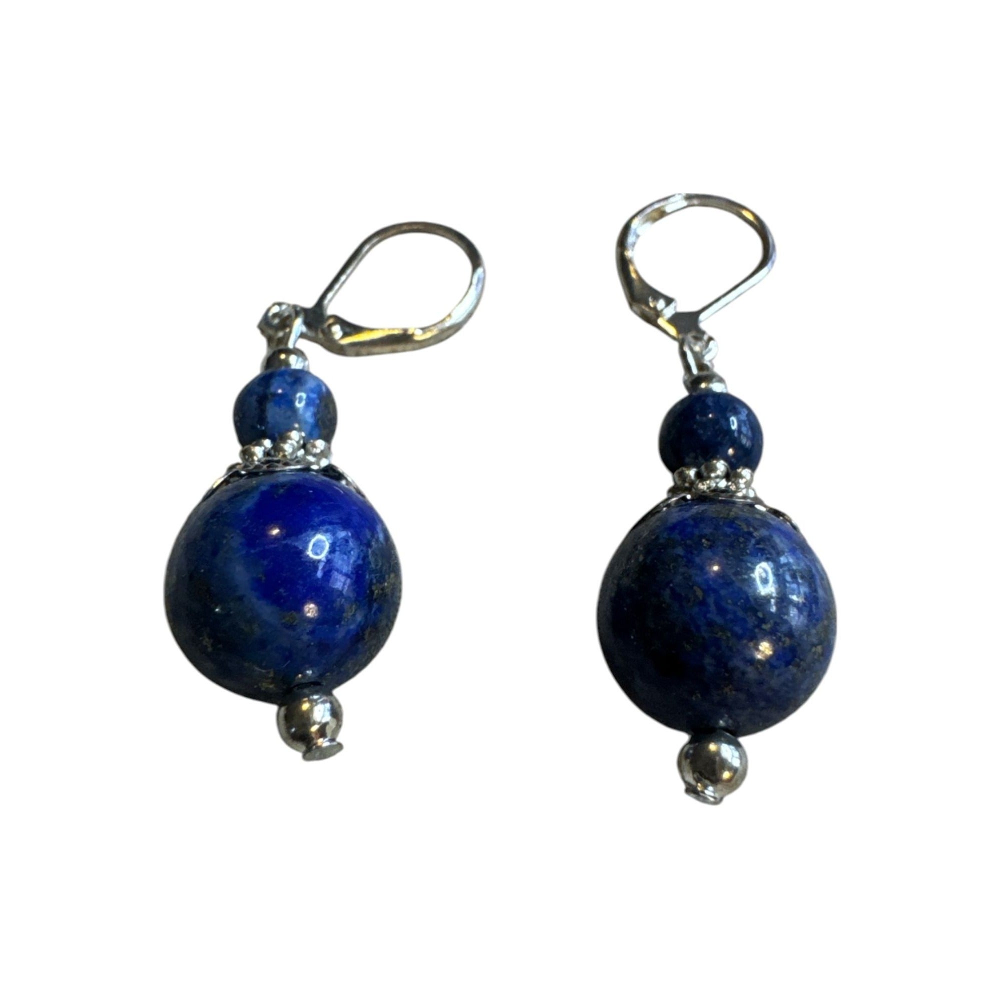 Blue Gemstone Beaded Bracelet & Earrings Set Lapis Style Silver Tone Handmade Look for Women