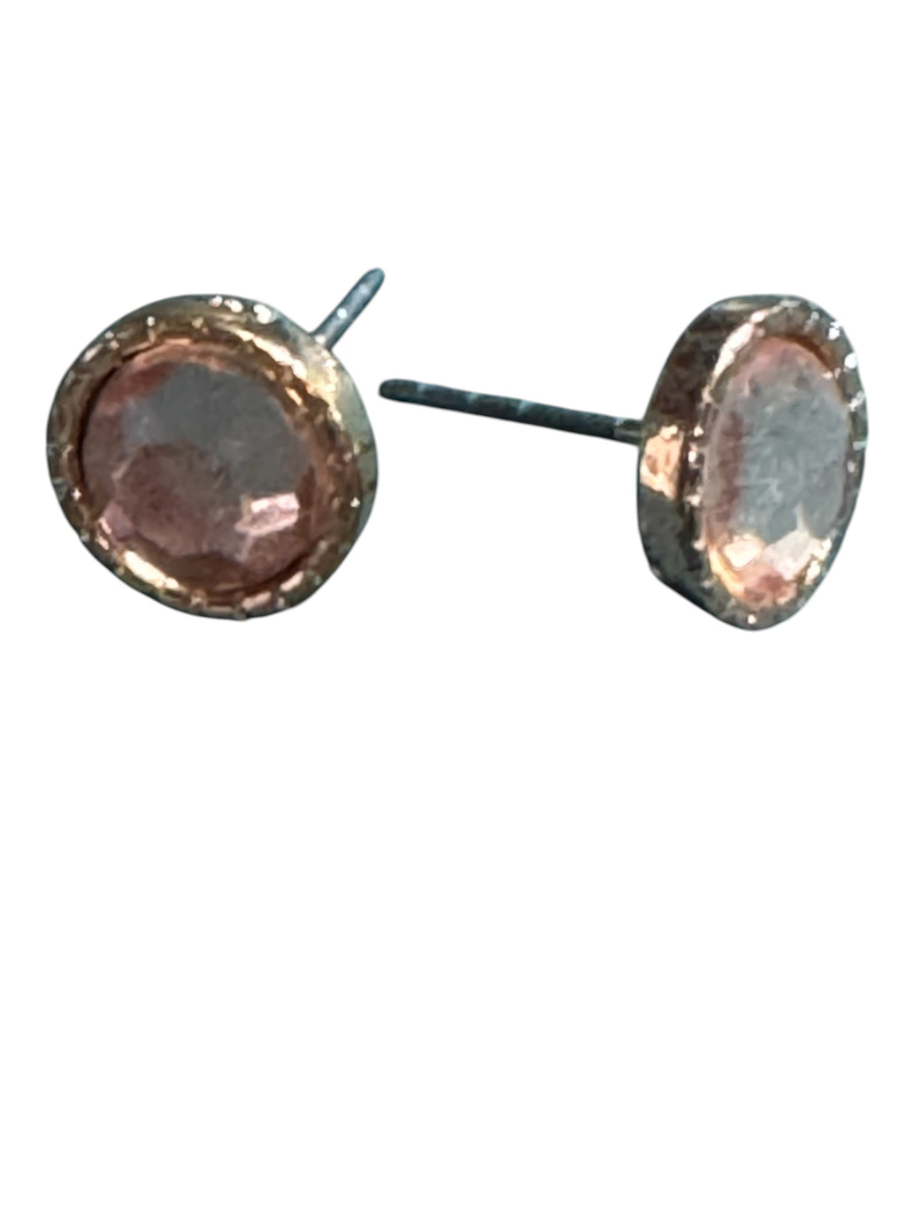 Rose Gold-Tone Stud Earrings With Faceted Center Stone & Textured Rim Elegant Design