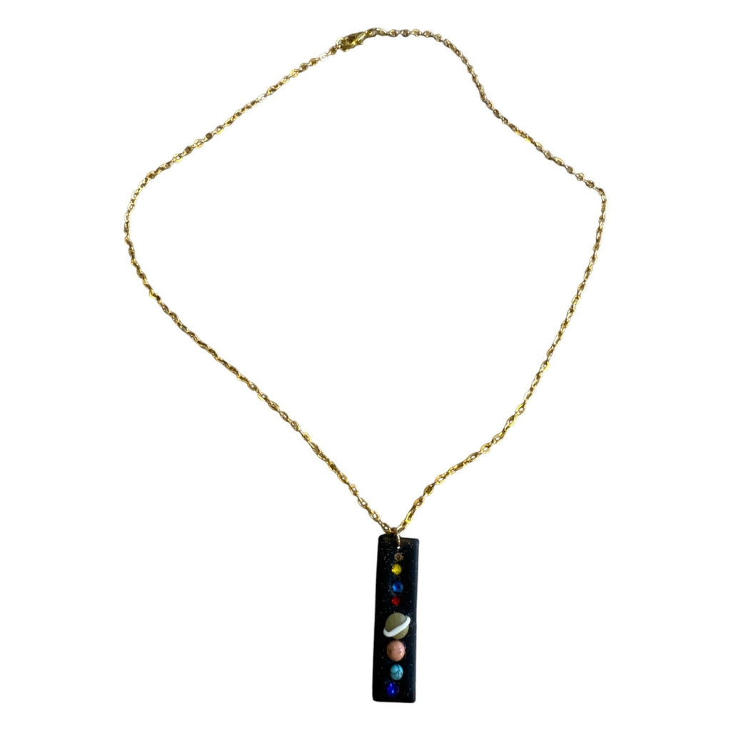 Solar System Pendant Necklace With Gold-Tone Chain Handmade Resin Charm Featuring Planets & Crystals