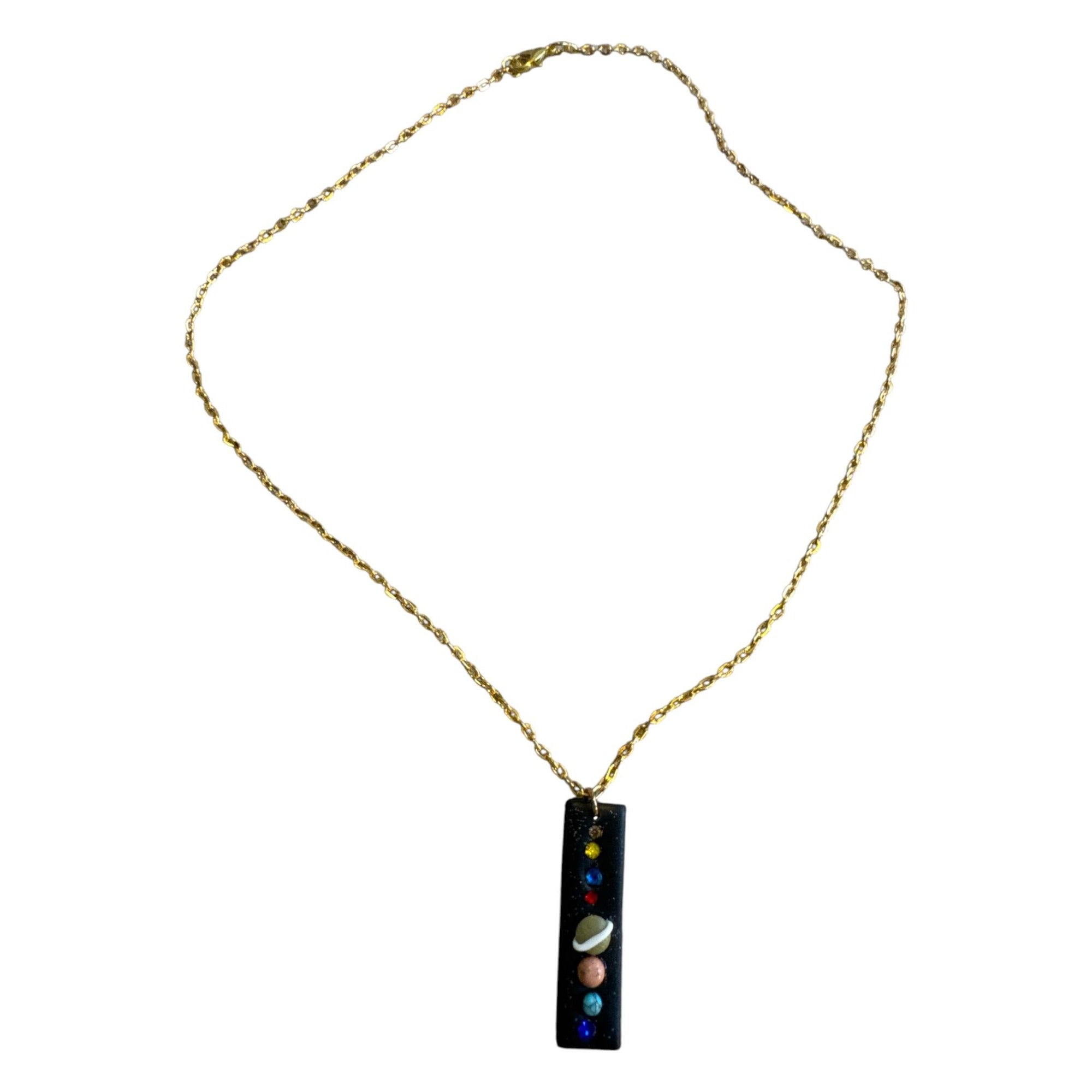 Solar System Pendant Necklace With Gold-Tone Chain Handmade Resin Charm Featuring Planets & Crystals