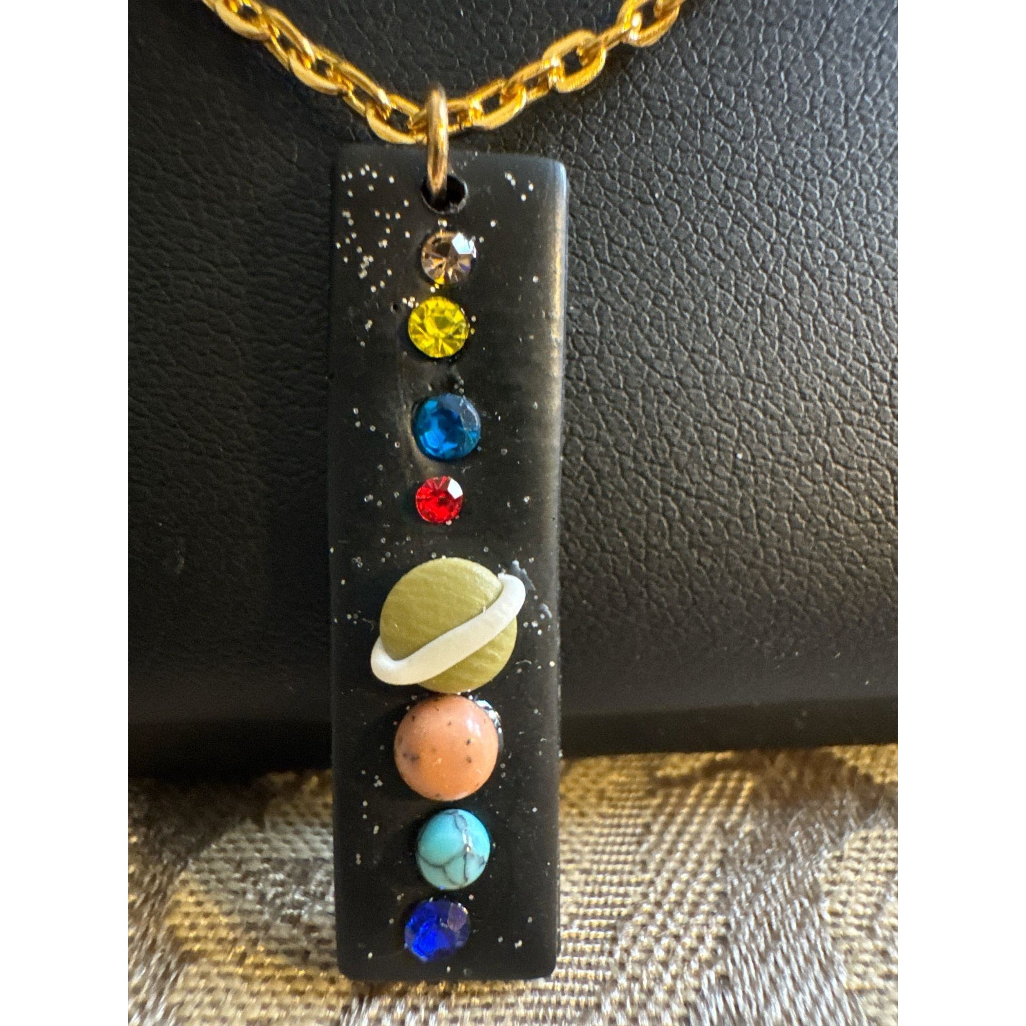 Solar System Pendant Necklace With Gold-Tone Chain Handmade Resin Charm Featuring Planets & Crystals