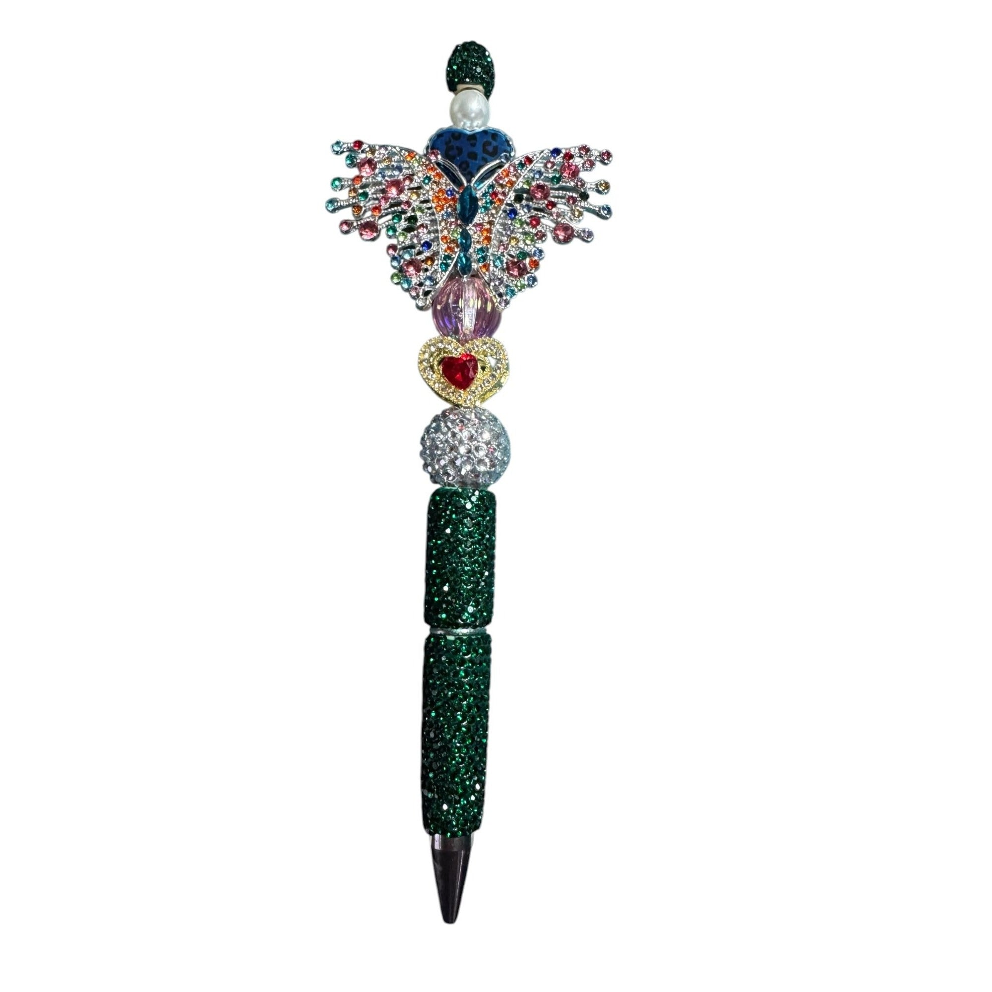 Crystal Butterfly-Inspired Decorative Ballpoint Pen With Green Glitter Grip & Multicolor Accents Elegant Gift Or Desk Accessory