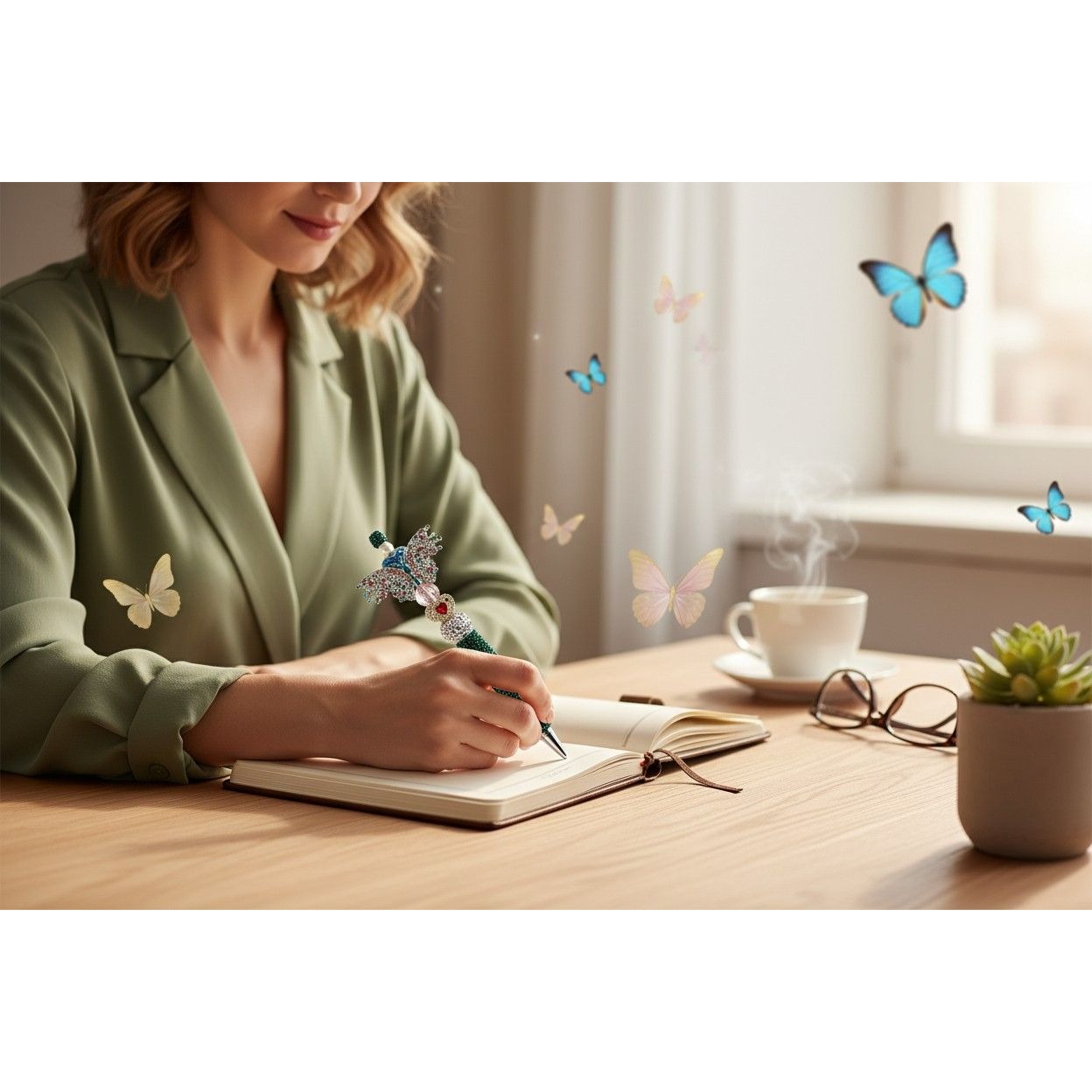 Crystal Butterfly-Inspired Decorative Ballpoint Pen With Green Glitter Grip & Multicolor Accents Elegant Gift Or Desk Accessory