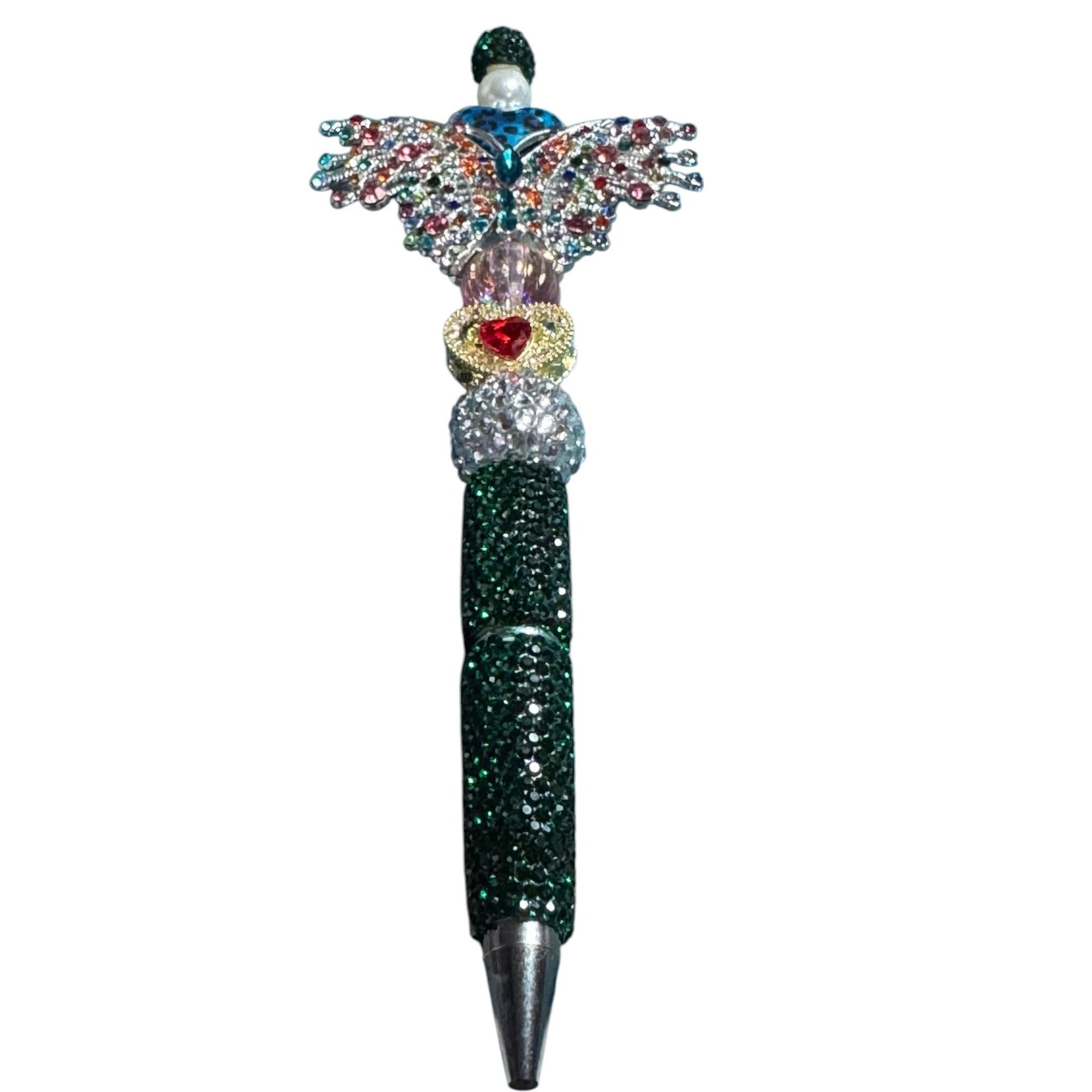 Crystal Butterfly-Inspired Decorative Ballpoint Pen With Green Glitter Grip & Multicolor Accents Elegant Gift Or Desk Accessory
