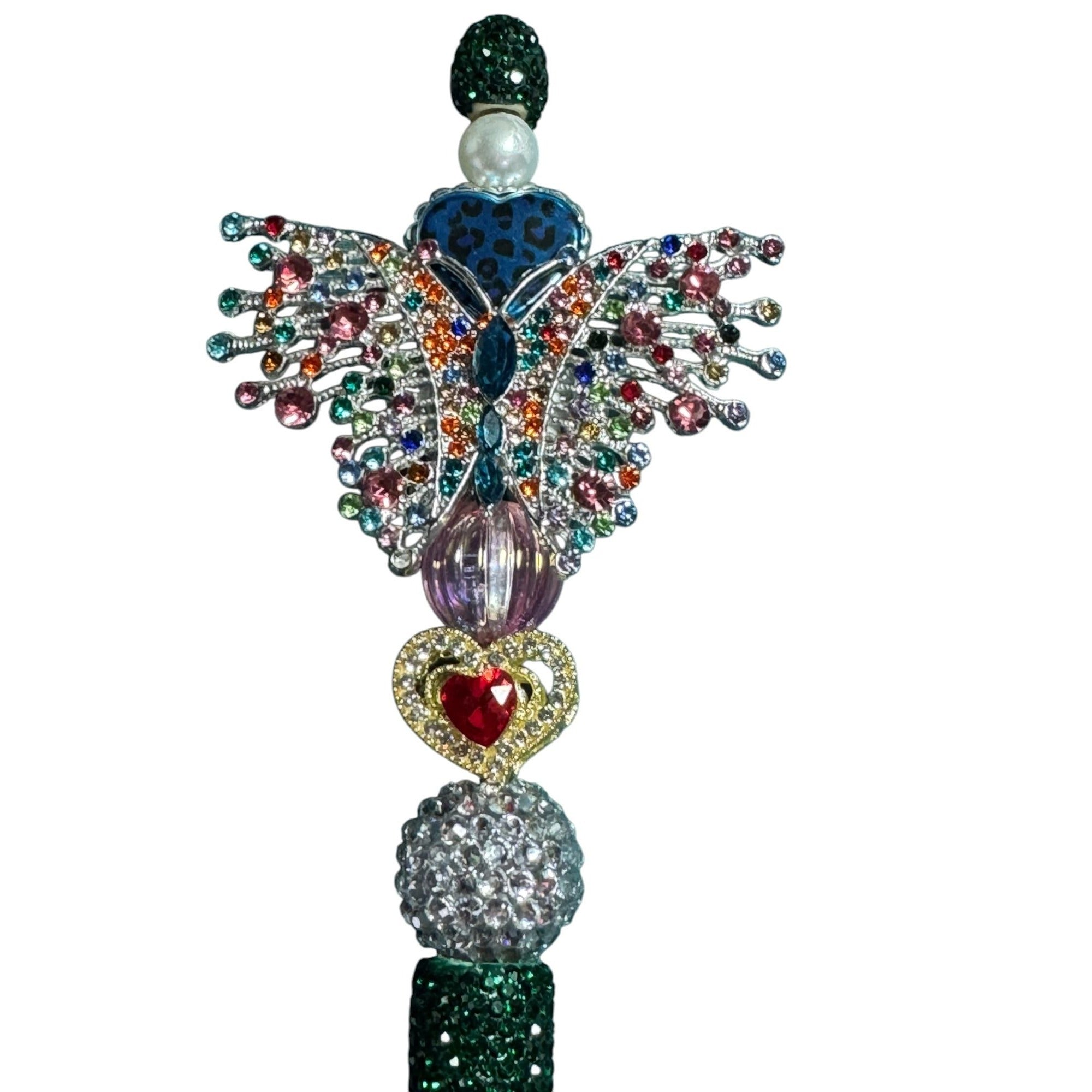 Crystal Butterfly-Inspired Decorative Ballpoint Pen With Green Glitter Grip & Multicolor Accents Elegant Gift Or Desk Accessory