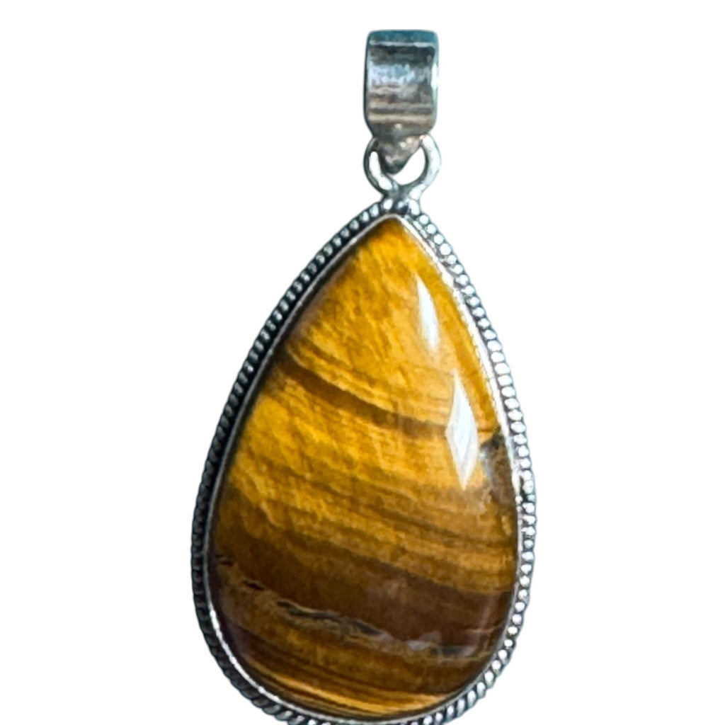 Tigers Eye Teardrop Pendant In Sterling Silver With Intricate Beaded Edge Design For Necklace Jewelry