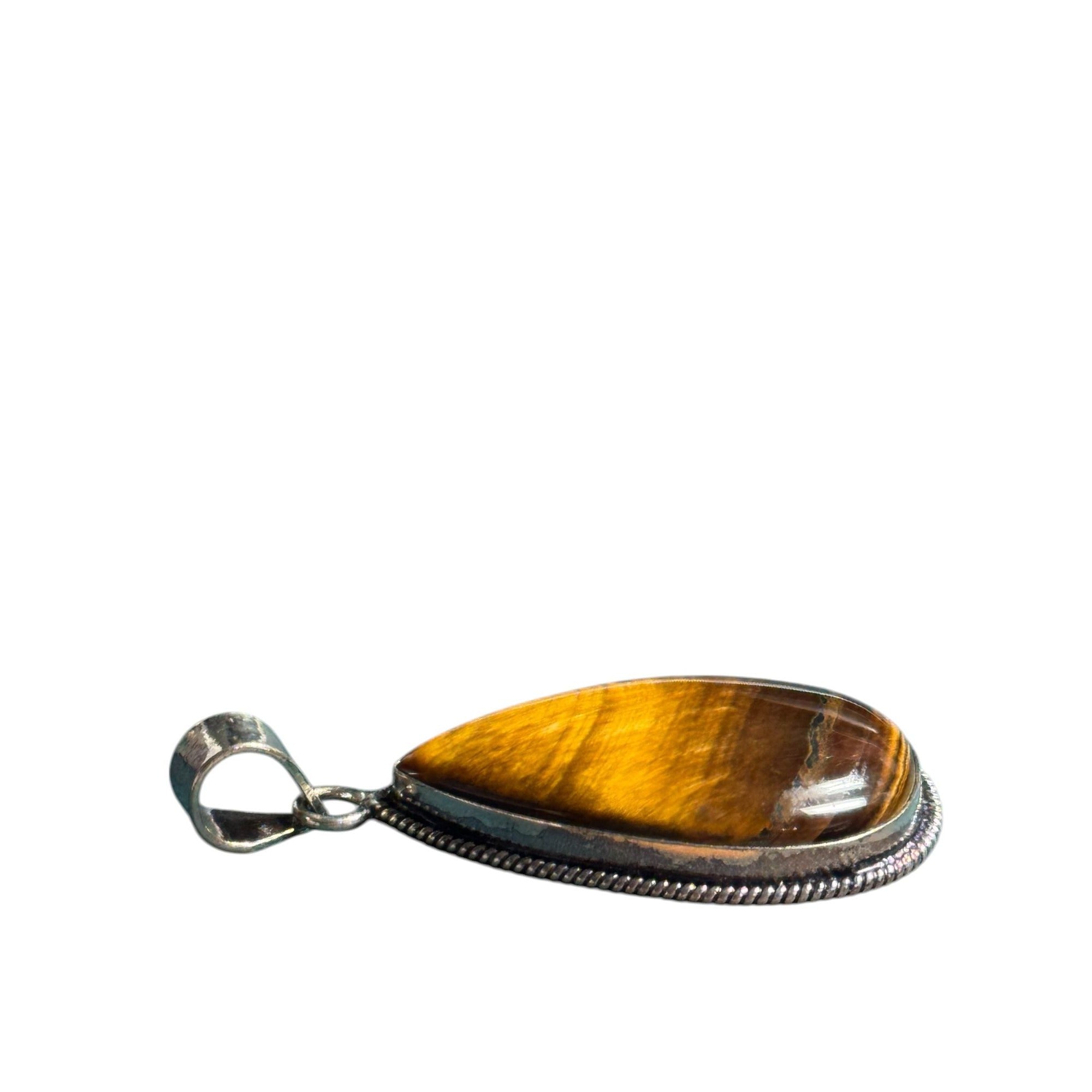 Tigers Eye Teardrop Pendant In Sterling Silver With Intricate Beaded Edge Design For Necklace Jewelry