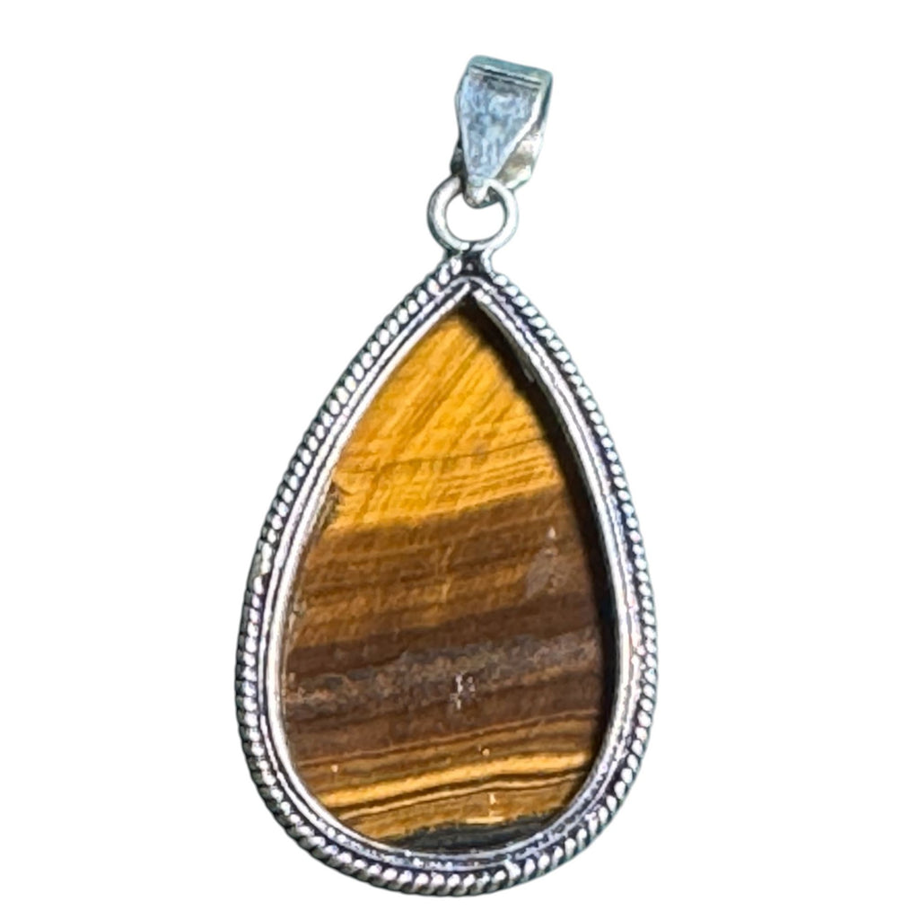 Tigers Eye Teardrop Pendant In Sterling Silver With Intricate Beaded Edge Design For Necklace Jewelry