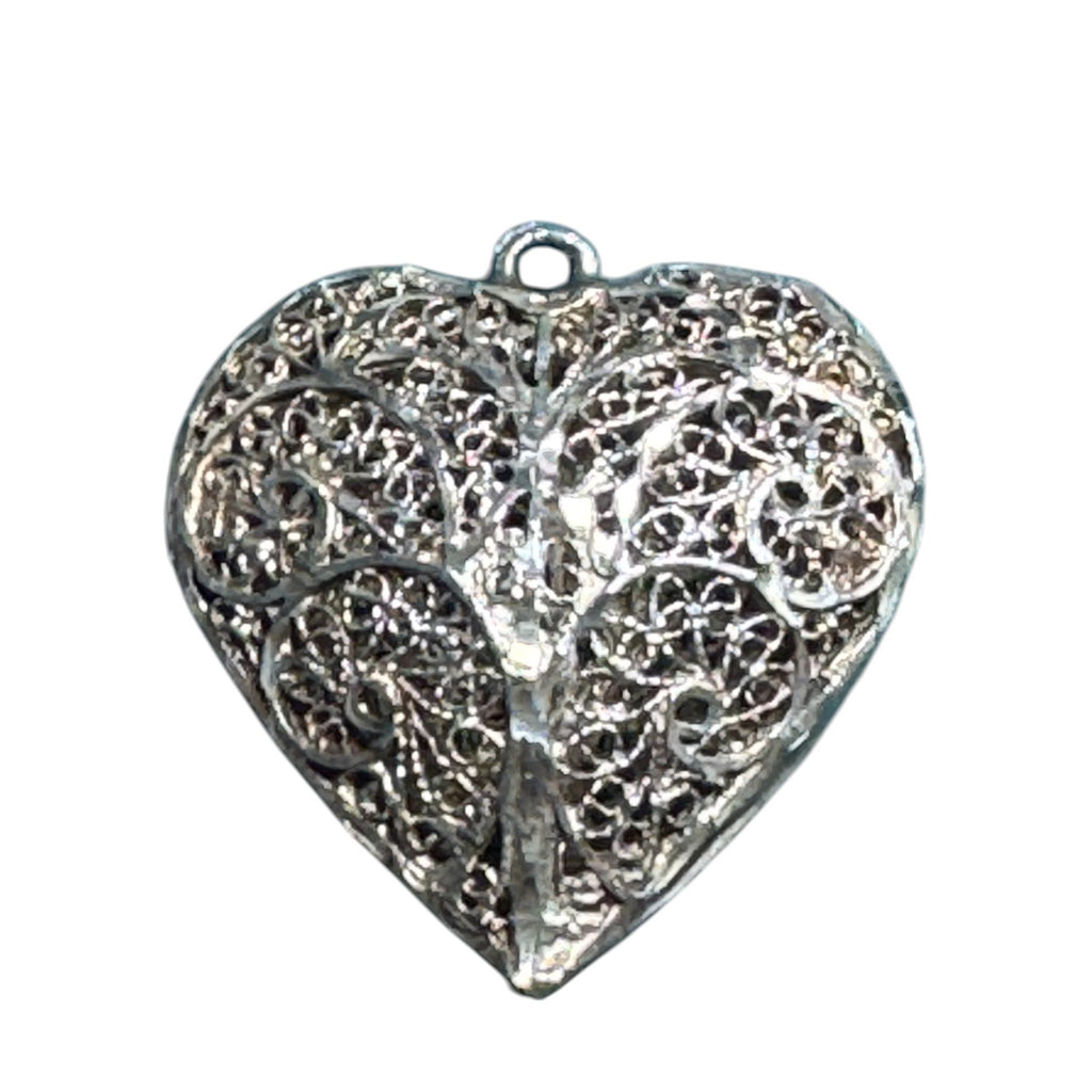 Vintage Style Filigree Heart Pendant Ornate Silver Tone Metal Swirl Design Jewelry