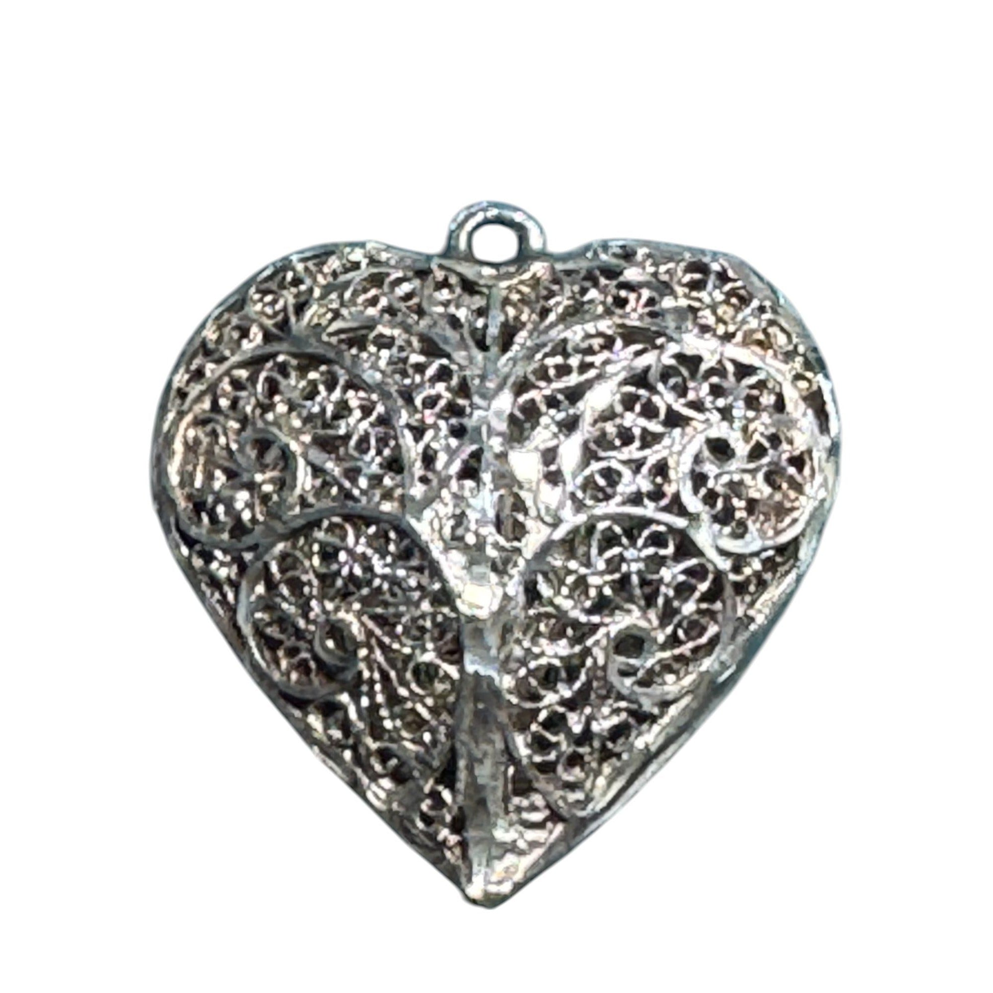 Vintage Style Filigree Heart Pendant Ornate Silver Tone Metal Swirl Design Jewelry