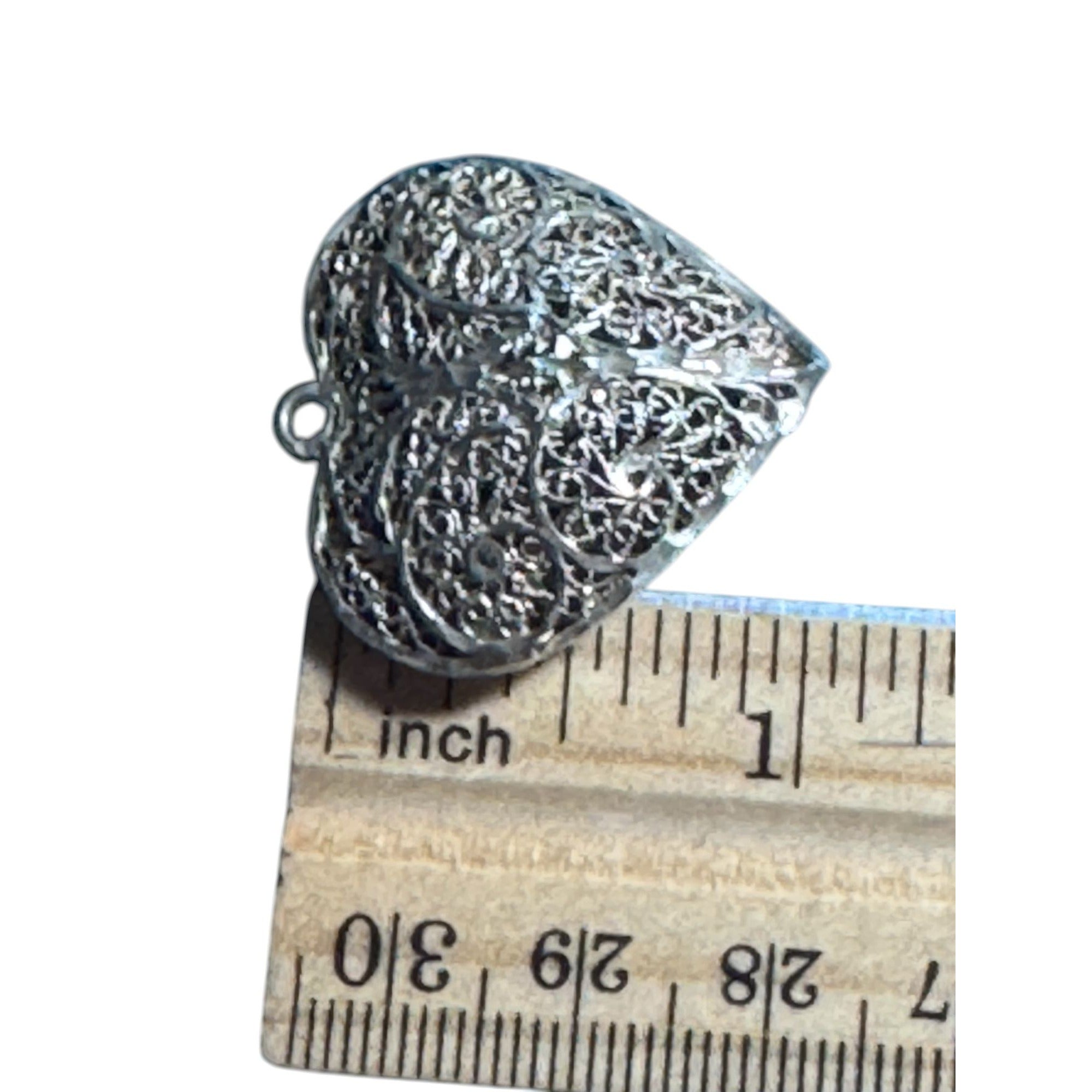 Vintage Style Filigree Heart Pendant Ornate Silver Tone Metal Swirl Design Jewelry