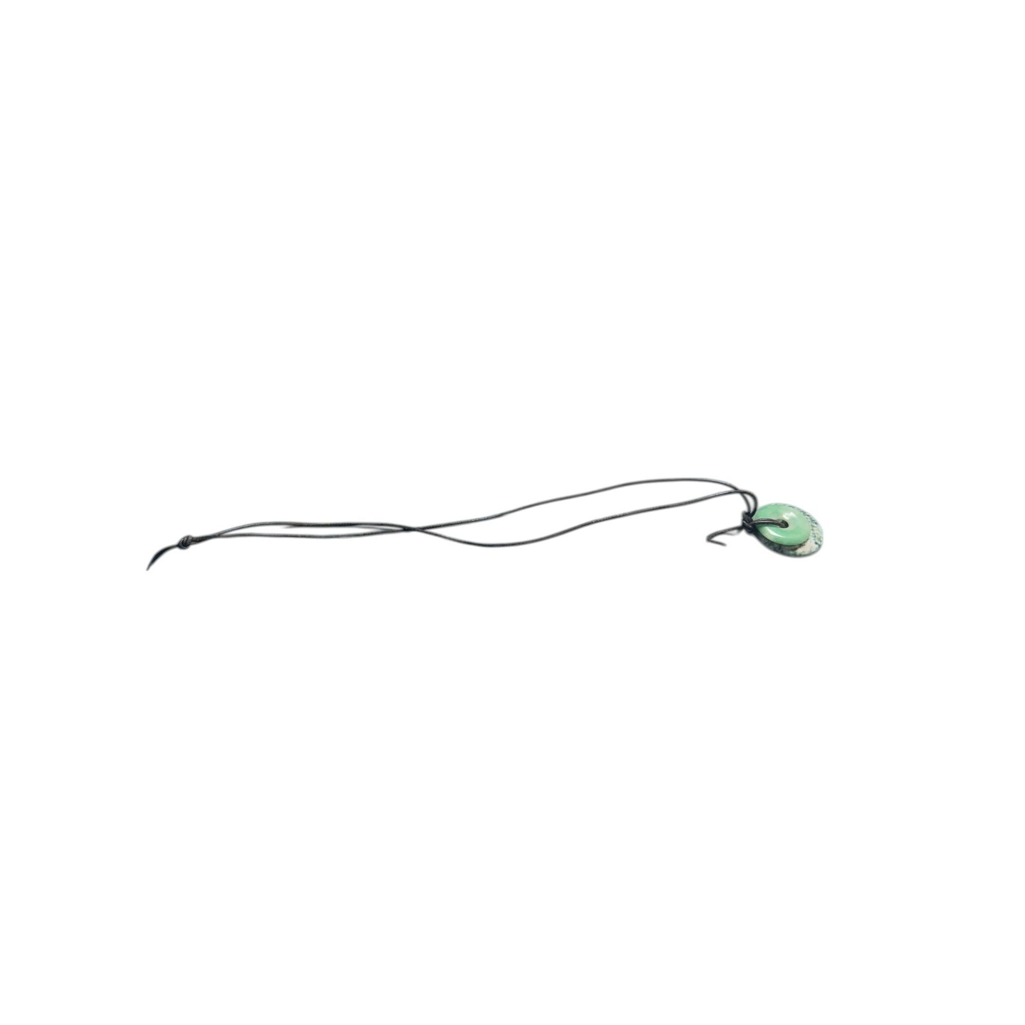 Green Jade Style Double Donut Pendant Necklace Cord Moss Agate Look 1.5” Stone Amulet Jewelry