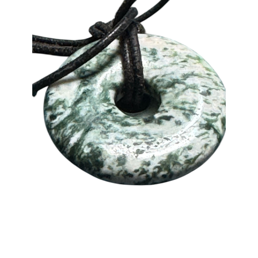 Green Jade Style Double Donut Pendant Necklace Cord Moss Agate Look 1.5” Stone Amulet Jewelry