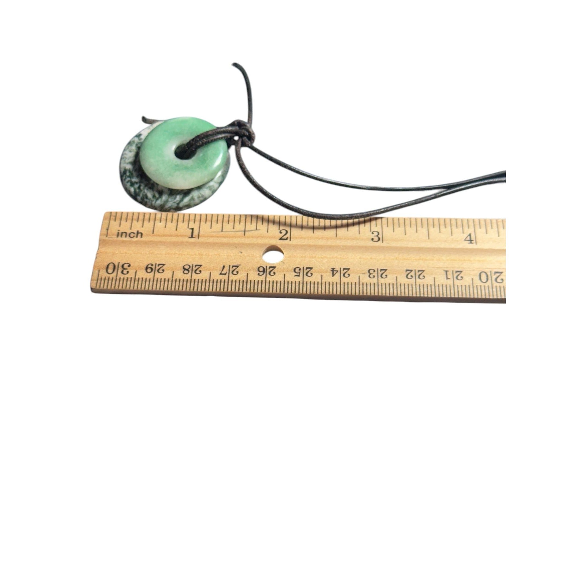 Green Jade Style Double Donut Pendant Necklace Cord Moss Agate Look 1.5” Stone Amulet Jewelry