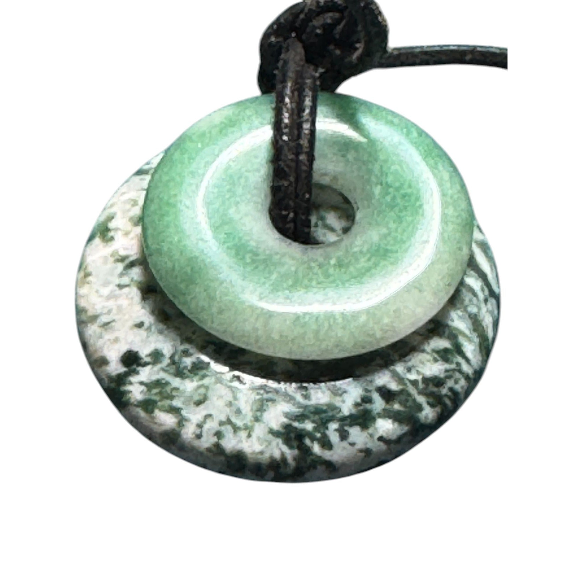 Green Jade Style Double Donut Pendant Necklace Cord Moss Agate Look 1.5” Stone Amulet Jewelry