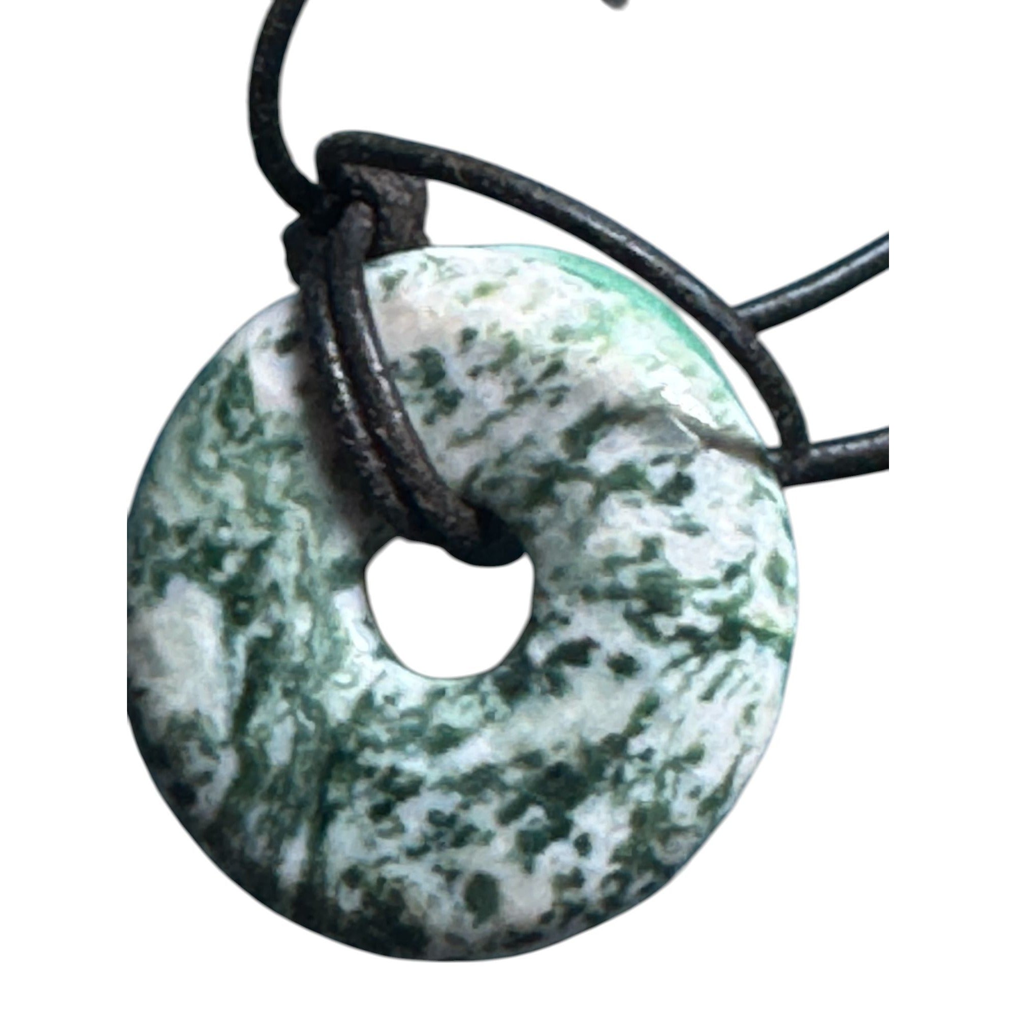 Green Jade Style Double Donut Pendant Necklace Cord Moss Agate Look 1.5” Stone Amulet Jewelry