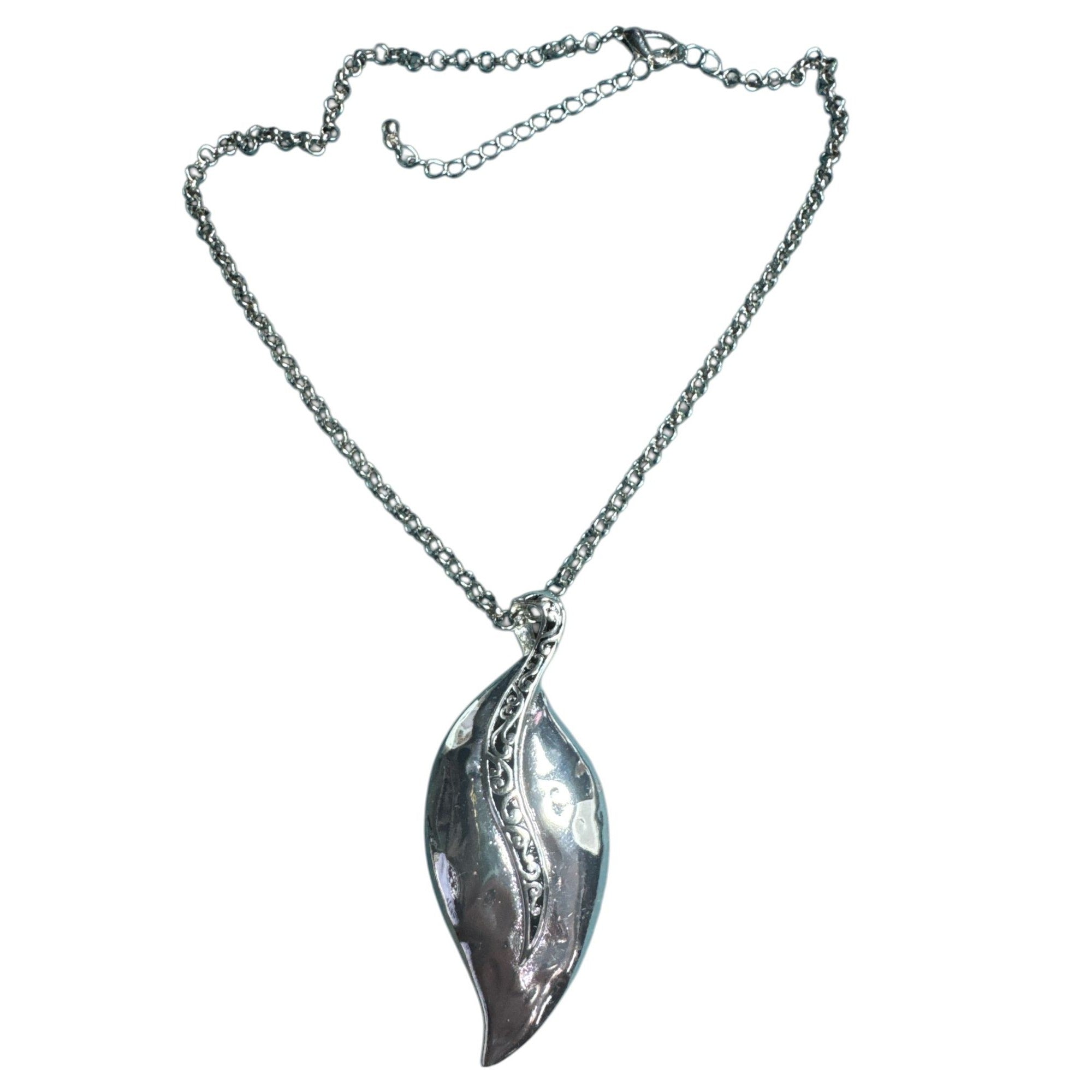 Silver Leaf Pendant Necklace, Engraved Vine Design, Elegant Nature Inspired Jewelry