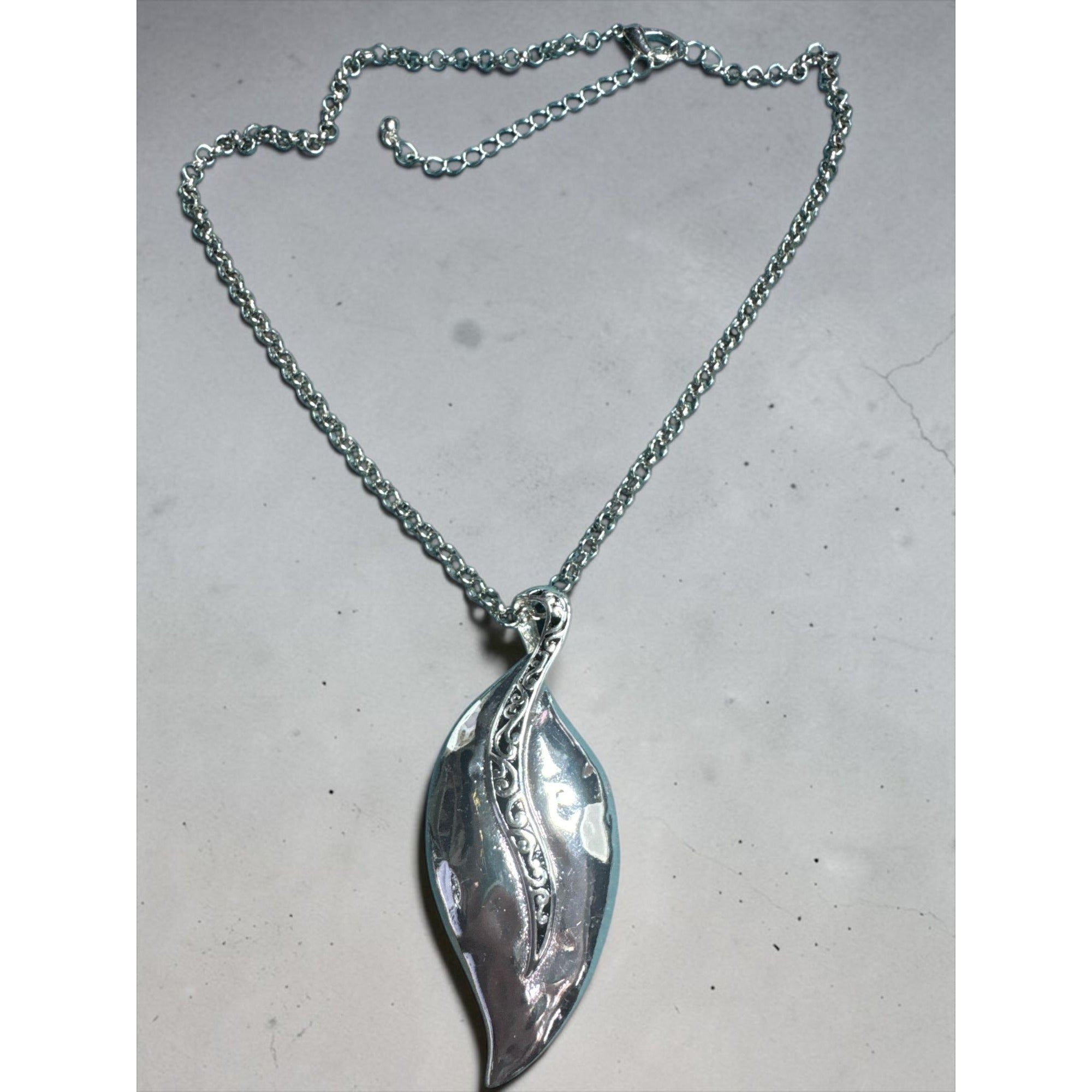 Silver Leaf Pendant Necklace, Engraved Vine Design, Elegant Nature Inspired Jewelry