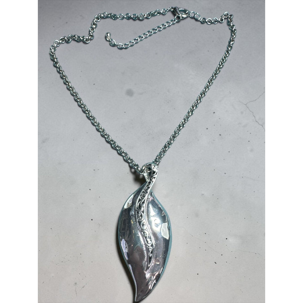 Silver Leaf Pendant Necklace, Engraved Vine Design, Elegant Nature Inspired Jewelry