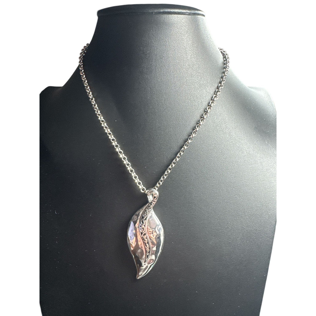 Silver Leaf Pendant Necklace, Engraved Vine Design, Elegant Nature Inspired Jewelry