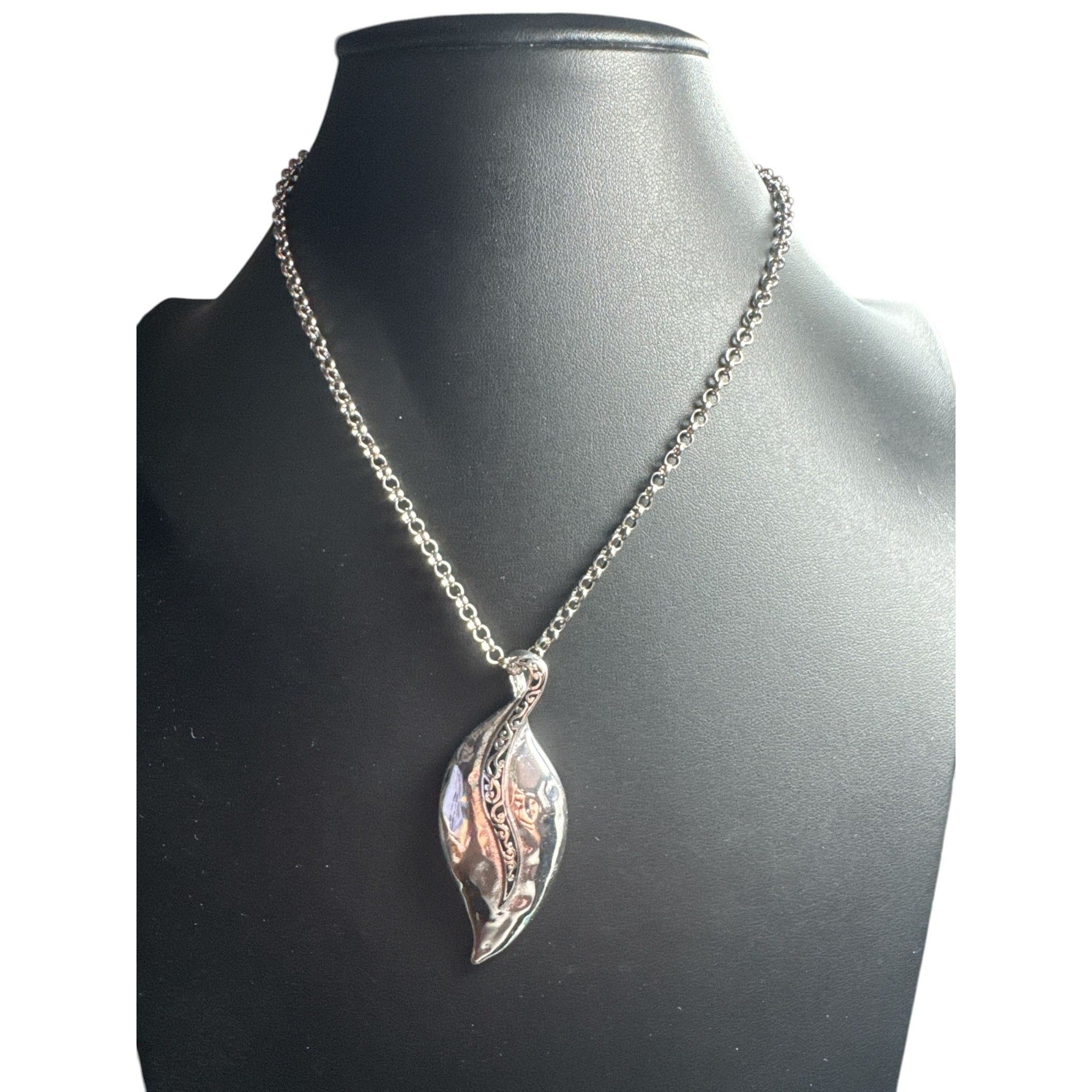 Silver Leaf Pendant Necklace, Engraved Vine Design, Elegant Nature Inspired Jewelry