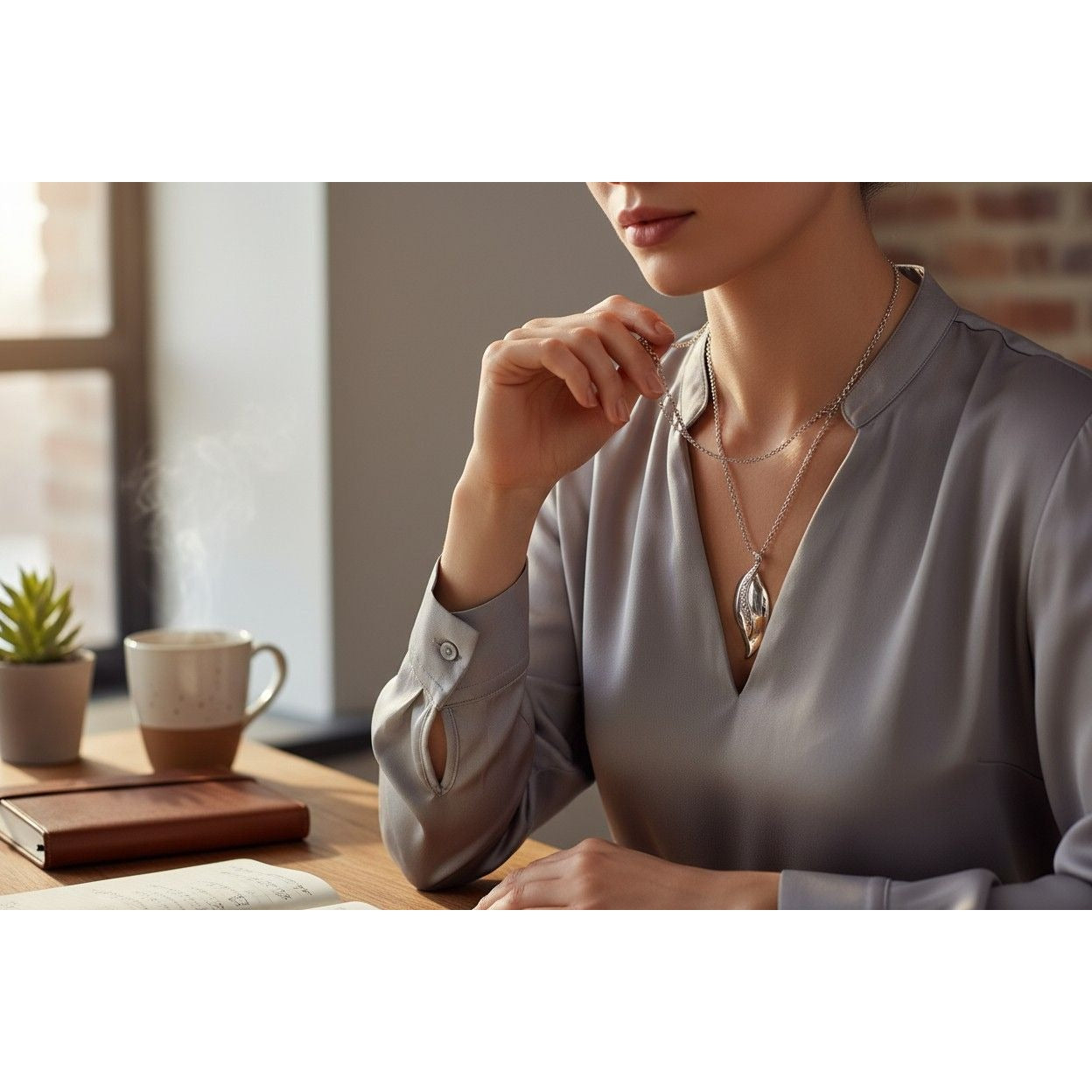 Silver Leaf Pendant Necklace, Engraved Vine Design, Elegant Nature Inspired Jewelry