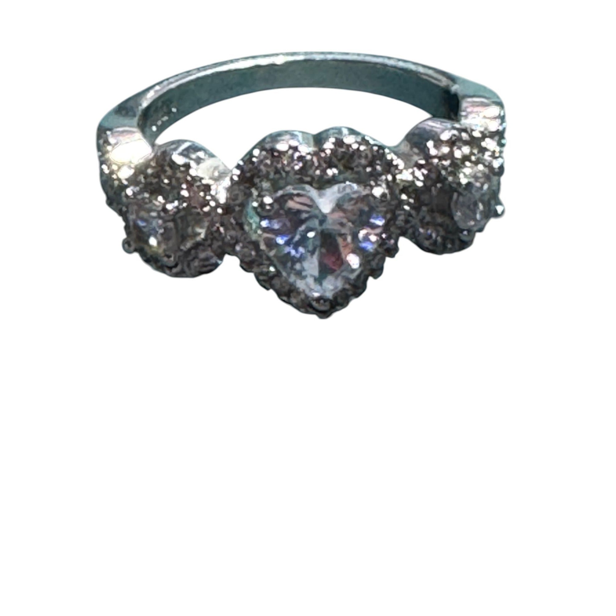 Heart Shaped CZ Halo Ring, Sterling Silver Look, Size 7, Triple Stone Design