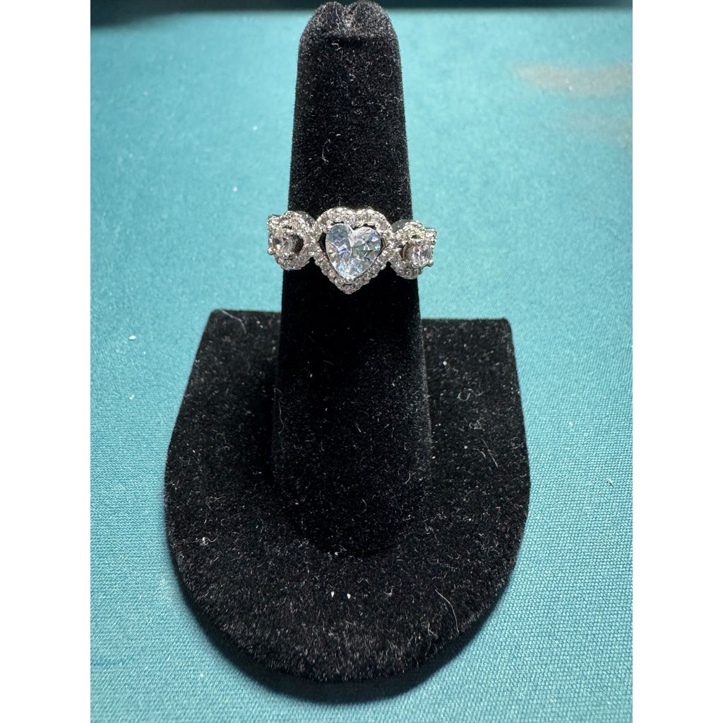 Heart Shaped CZ Halo Ring, Sterling Silver Look, Size 7, Triple Stone Design