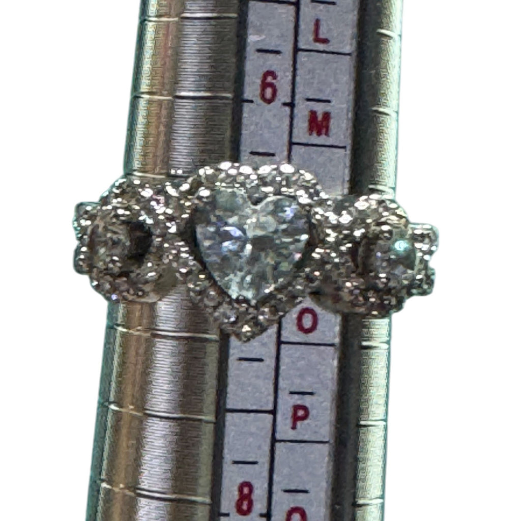 Heart Shaped CZ Halo Ring, Sterling Silver Look, Size 7, Triple Stone Design