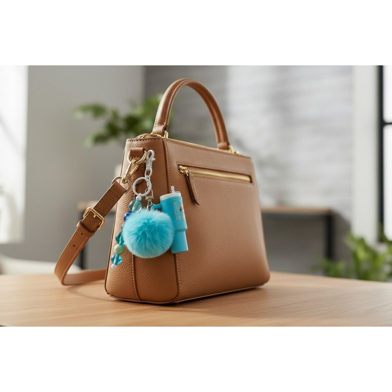 Blue Pom Keychain With Beads & Mini Cup Design