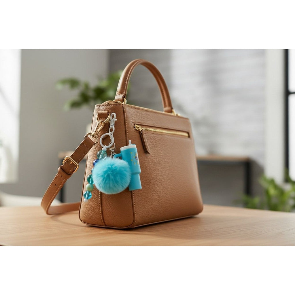 Blue Pom Keychain With Beads & Mini Cup Design