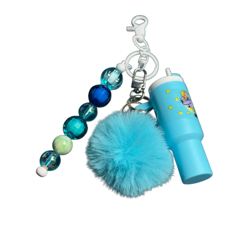 Blue Pom Keychain With Beads & Mini Cup Design