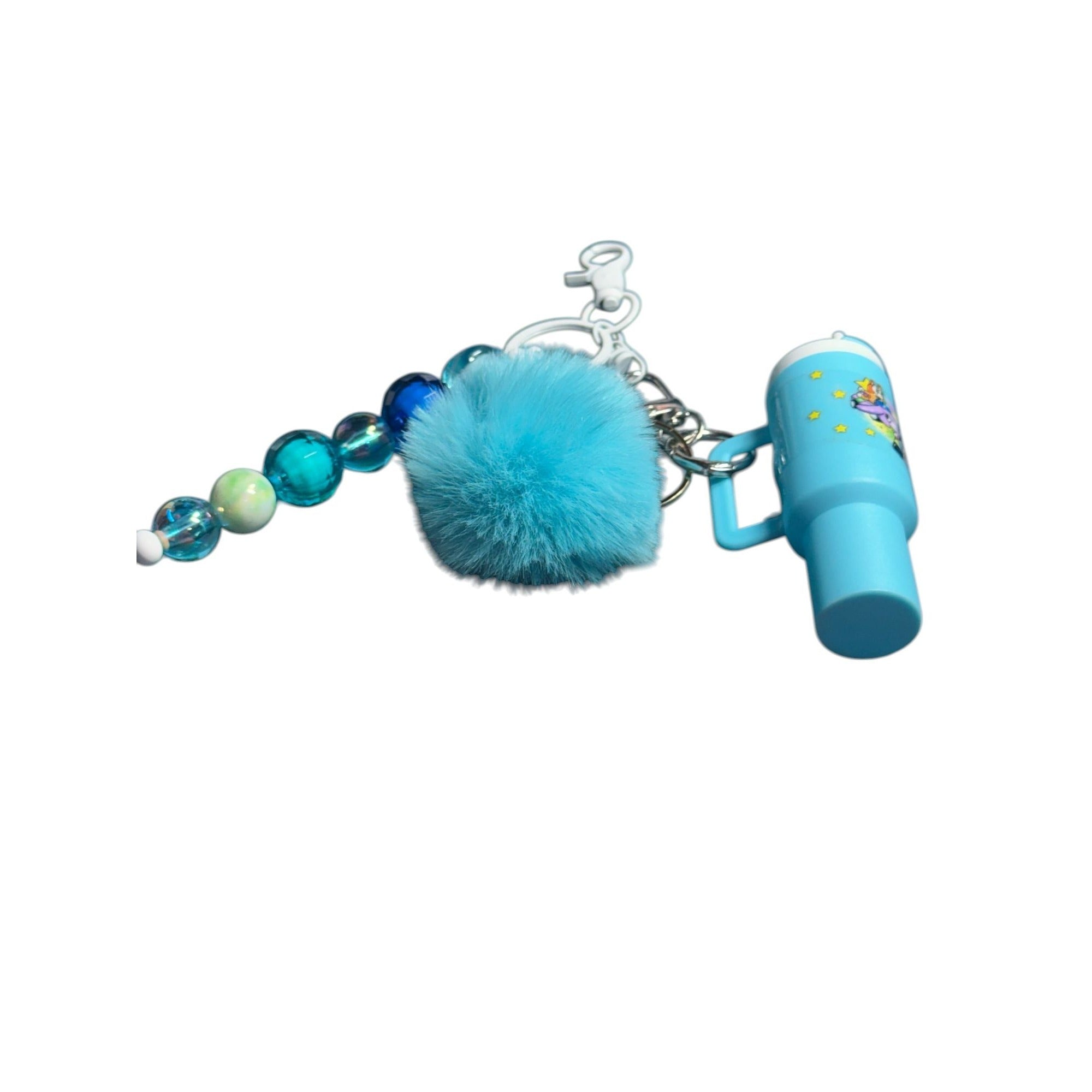 Blue Pom Keychain With Beads & Mini Cup Design