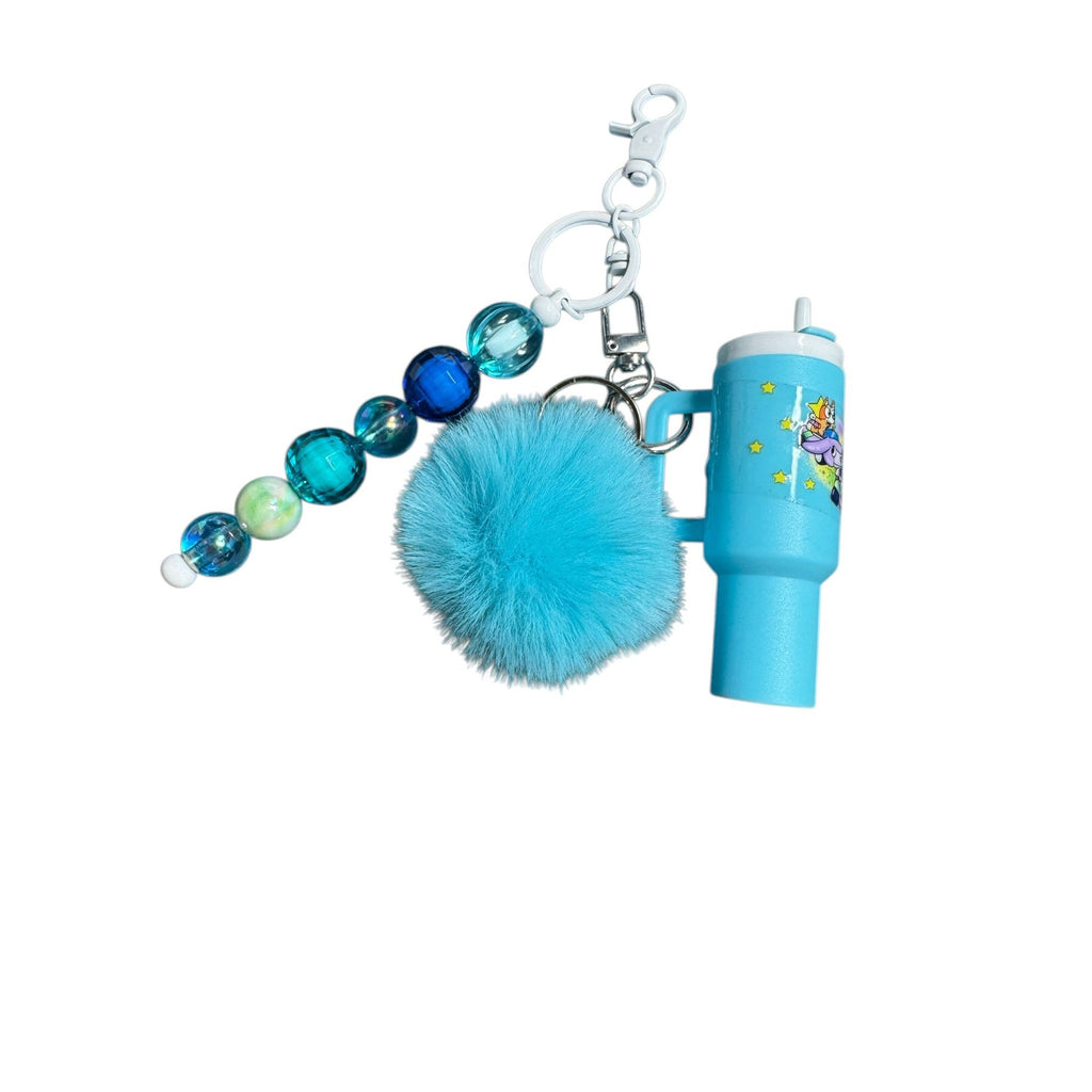Blue Pom Keychain With Beads & Mini Cup Design