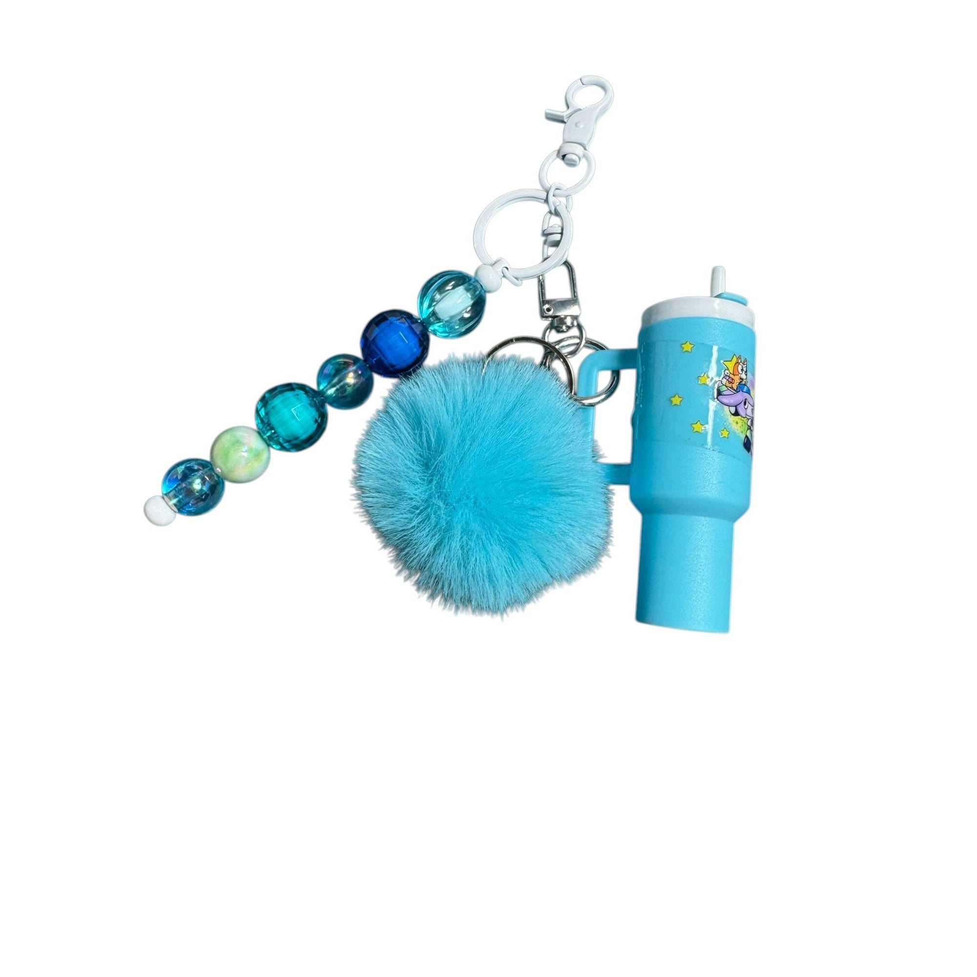 Blue Pom Keychain With Beads & Mini Cup Design