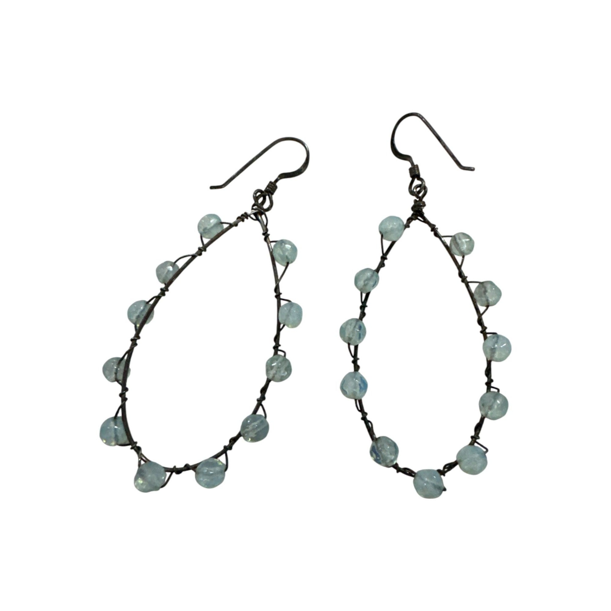 Wire-Wrapped Teardrop Earrings With Light Blue Beads